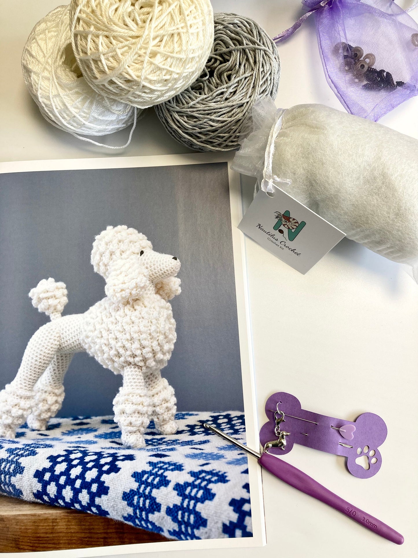 Dog Crochet Kit. Complete kit including Instruction Book of 10 Dog Breed Designs, Our Cotton Yarn, Crochet Hook & Dachshund Stitch Marker .