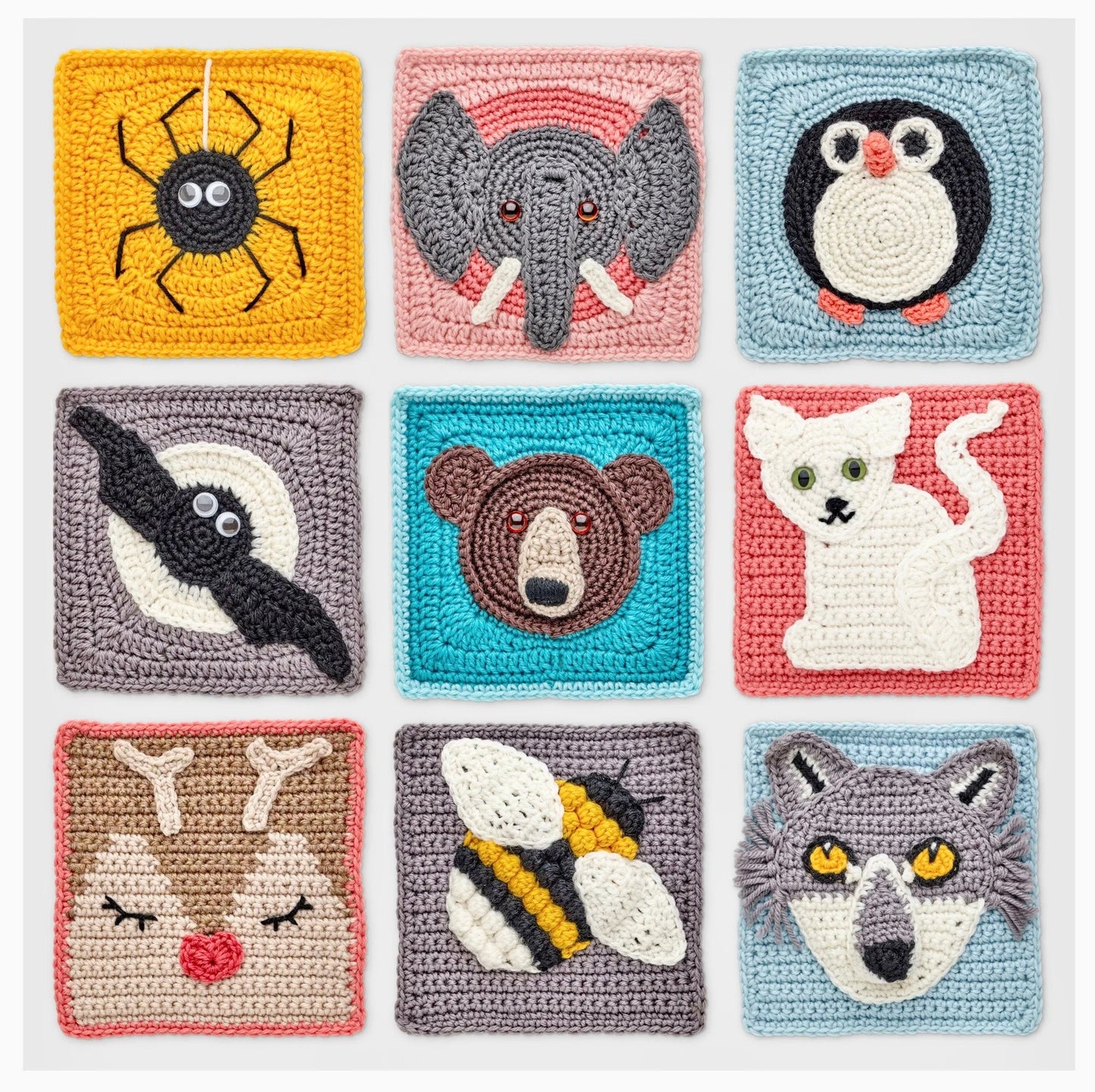 Crochet Granny Squares Animal Kit. Patterns for 40 Animal Squares, Blocking Board, 12 Balls of our Wonderful UK made Yarn & Crochet Hook