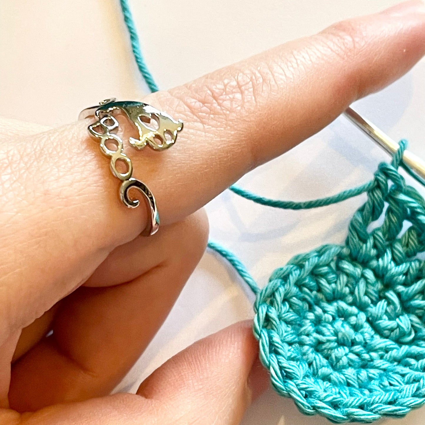 Tiny Ghost Silver Plated Crochet Ring. Adjustable size for crochet tension and comfort. Boo!