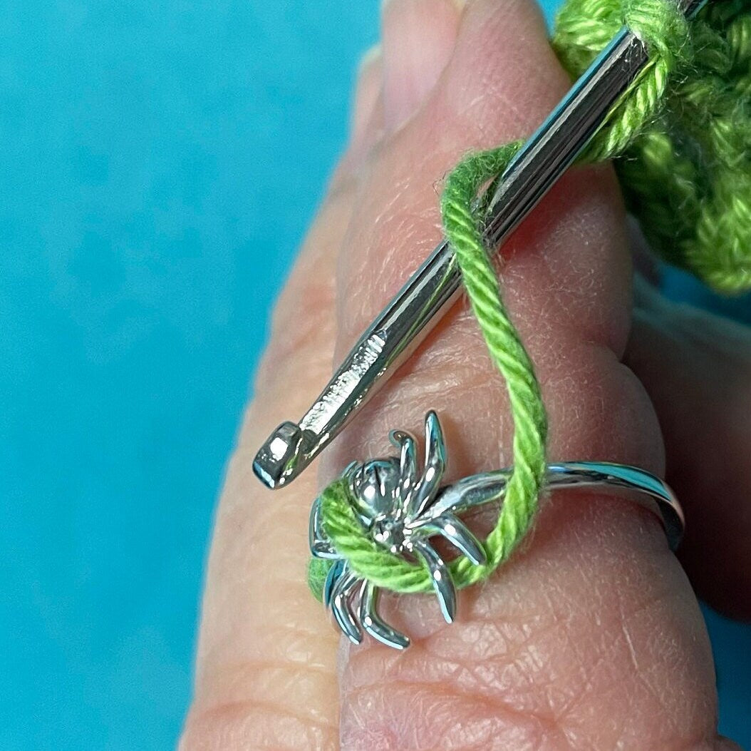 Spider Sterling Silver Crochet Ring. Adjustable for crochet tension and comfort.