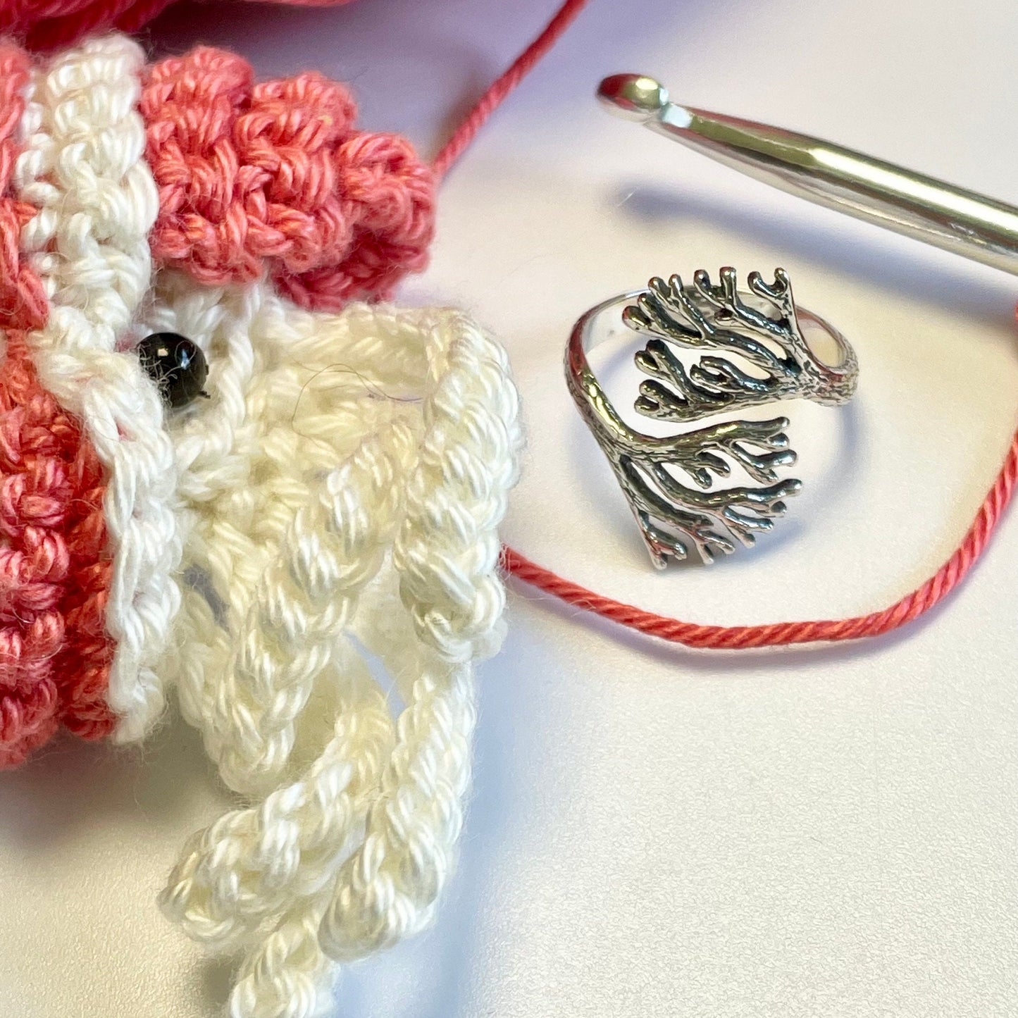 Coral Sterling Silver Crochet Ring. Adjustable for crochet tension and comfort. Handmade in Recycled Silver.