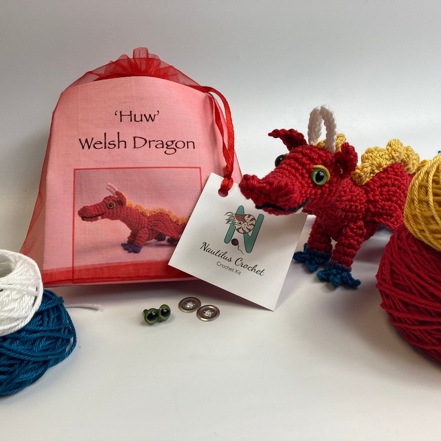 Huw the Welsh Dragon Crochet Kit. Featuring gorgeous UK yarns.