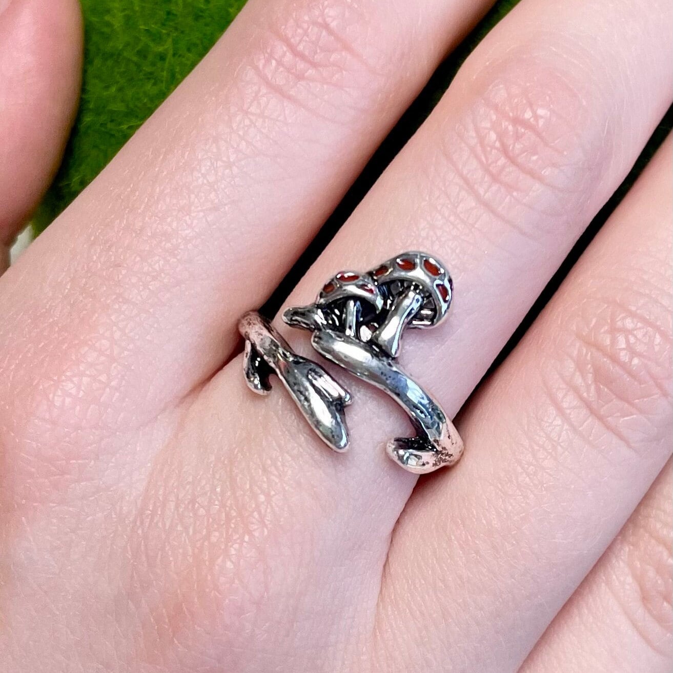 Mushroom Crochet Ring. Amanita Mushrooms on a log ring - what could be more perfect! Silver plated, adjustable for tension and comfort.