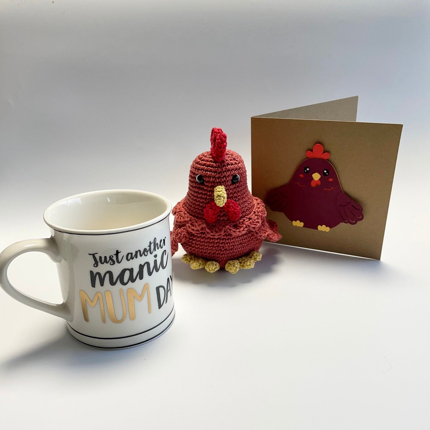 Whimsical Mother Hen Amigurumi Crochet Kit, Sass & Belle Manic Mum Day China Mug plus Handmade Card. Perfect for Gifting!