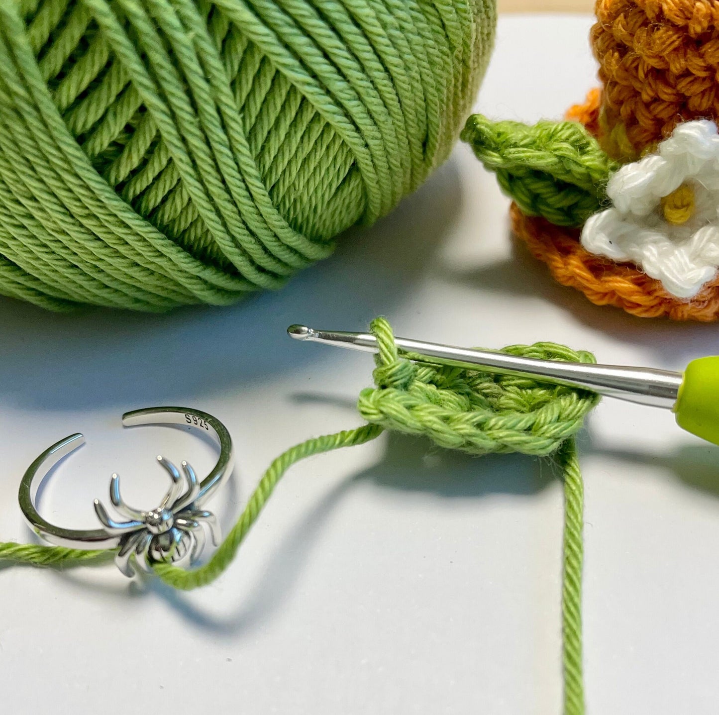 Spider Sterling Silver Crochet Ring. Adjustable for crochet tension and comfort.