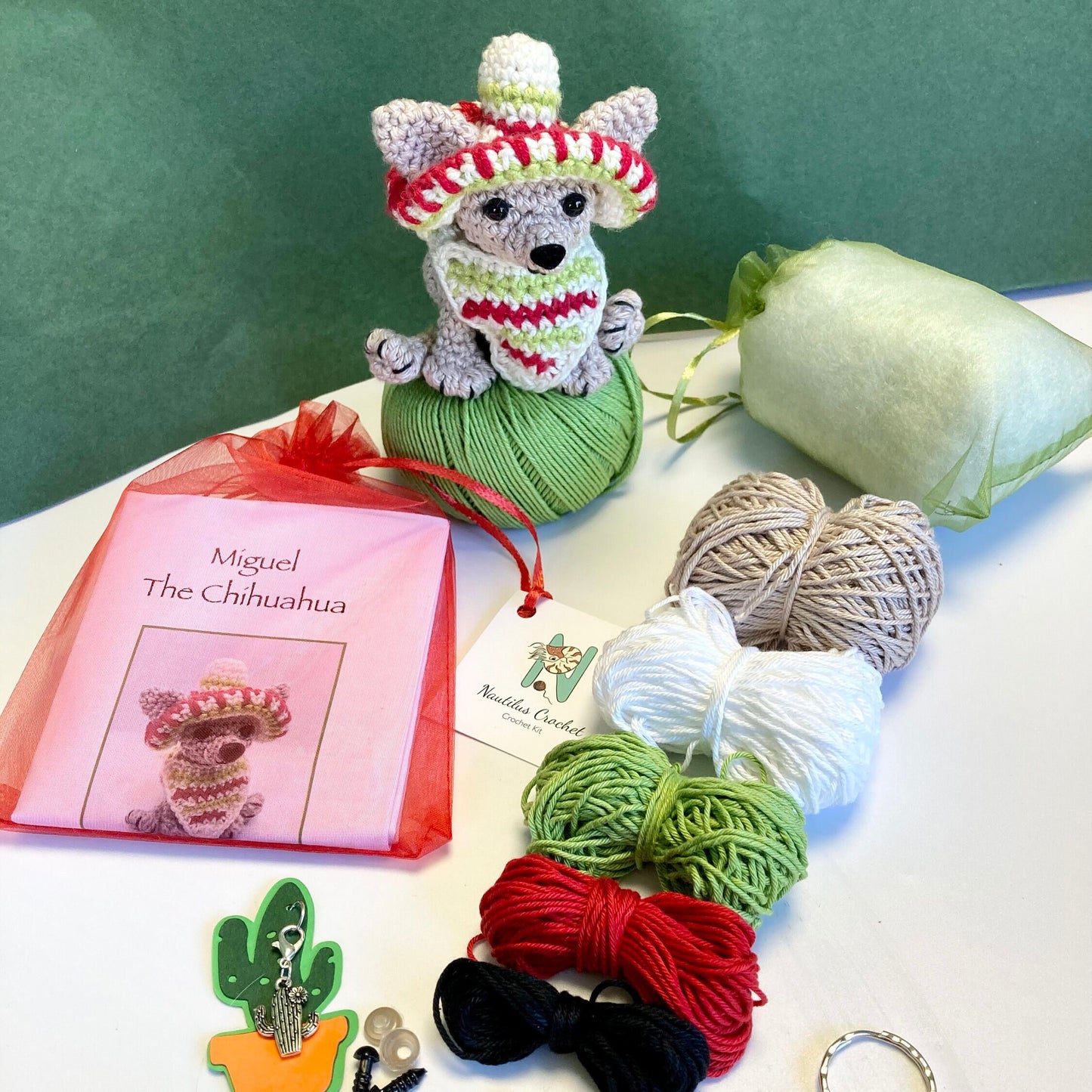 Miguel the Chihuahua Amigurumi Kit. Complete Kit with Luxury Cotton Yarns, Silver- plated Cactus Stitch-marker & accessories.