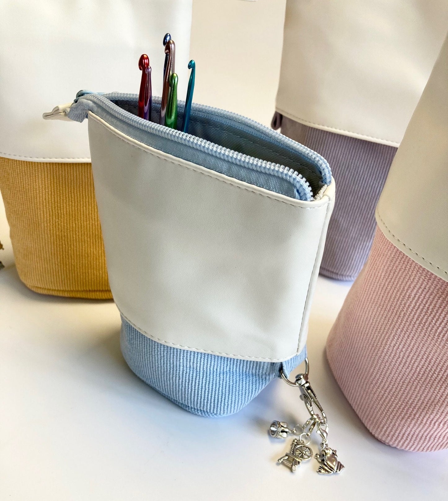 Crochet Case. Telescopic case, corduroy in a choice of 4 pastel colours.