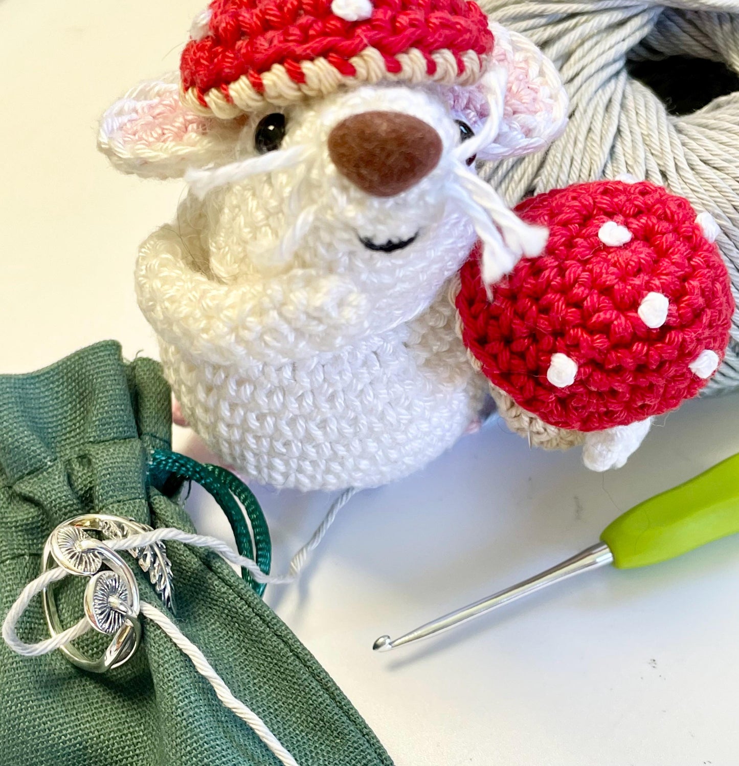 Mushrooms & Fern Crochet Ring.