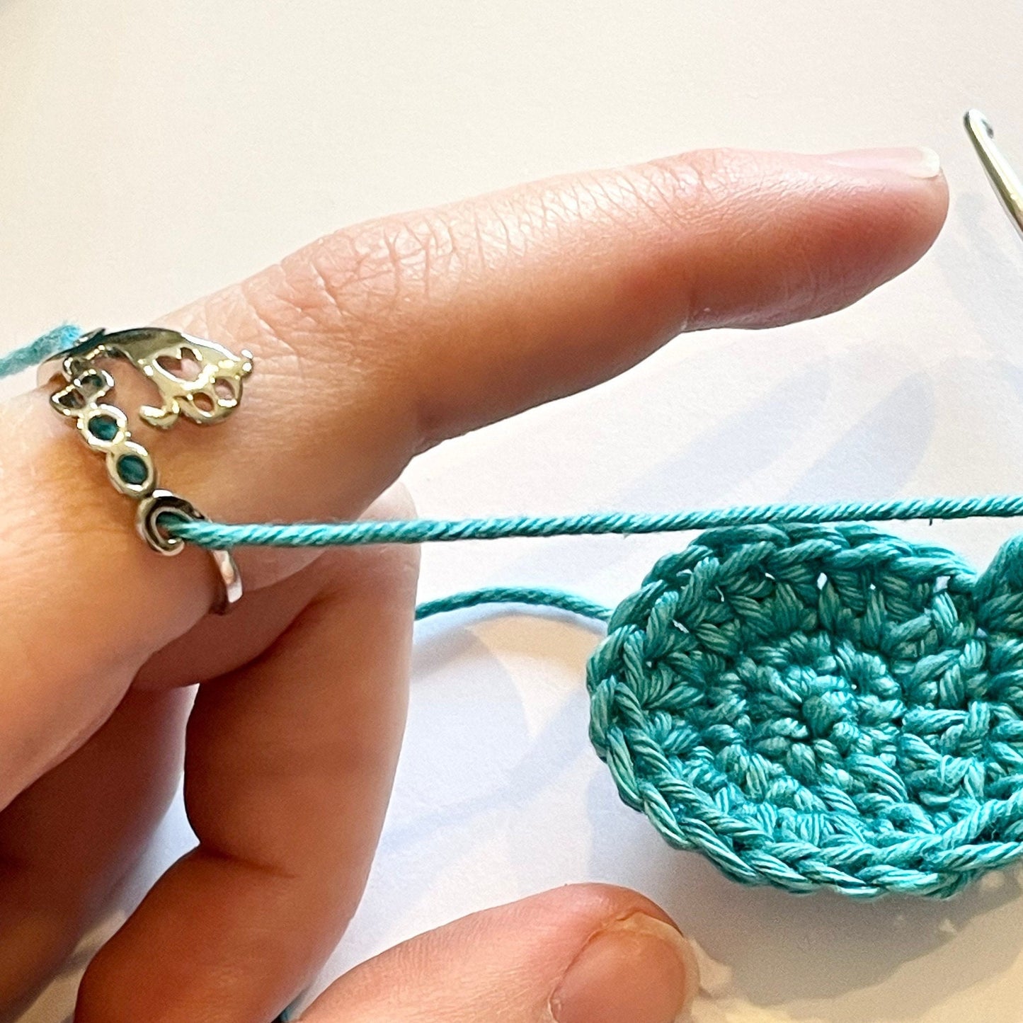 Tiny Ghost Silver Plated Crochet Ring. Adjustable size for crochet tension and comfort. Boo!