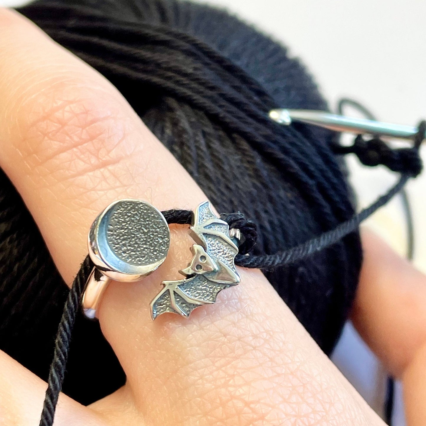 Bat & Moon crochet ring.