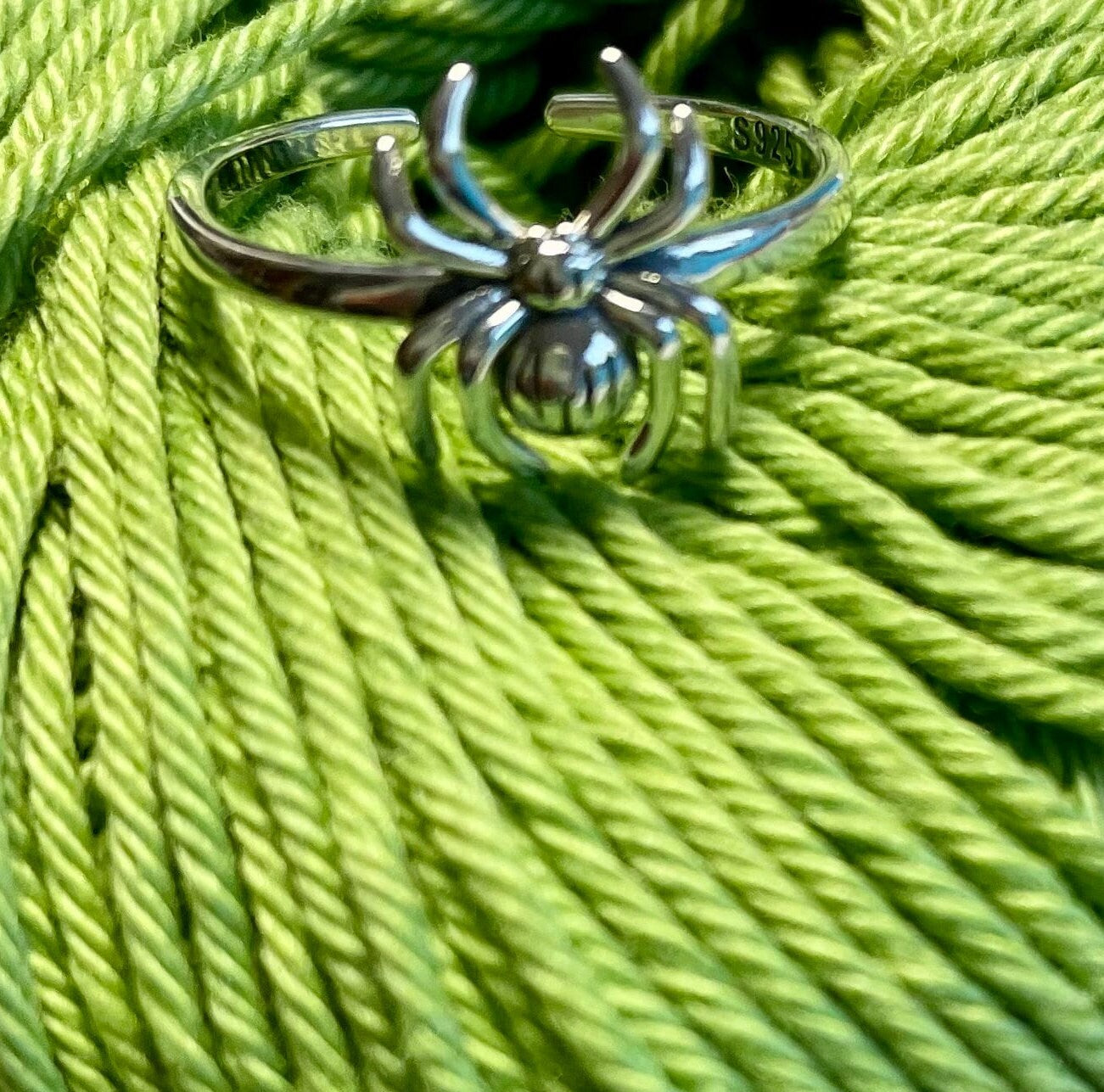 Spider Sterling Silver Crochet Ring. Adjustable for crochet tension and comfort.