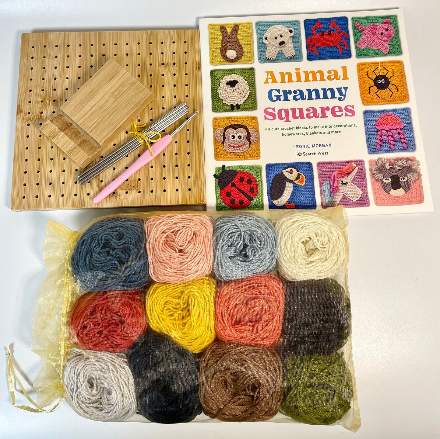 Crochet Granny Squares Animal Kit. Patterns for 40 Animal Squares, Blocking Board, 12 Balls of our Wonderful UK made Yarn & Crochet Hook