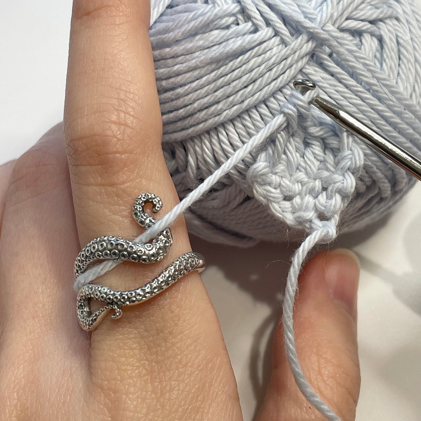Handmade 'Octopus' Sterling Silver Crochet Ring. Adjustable for crochet tension and comfort. Handmade Sterling Silver for Nautilus Crochet