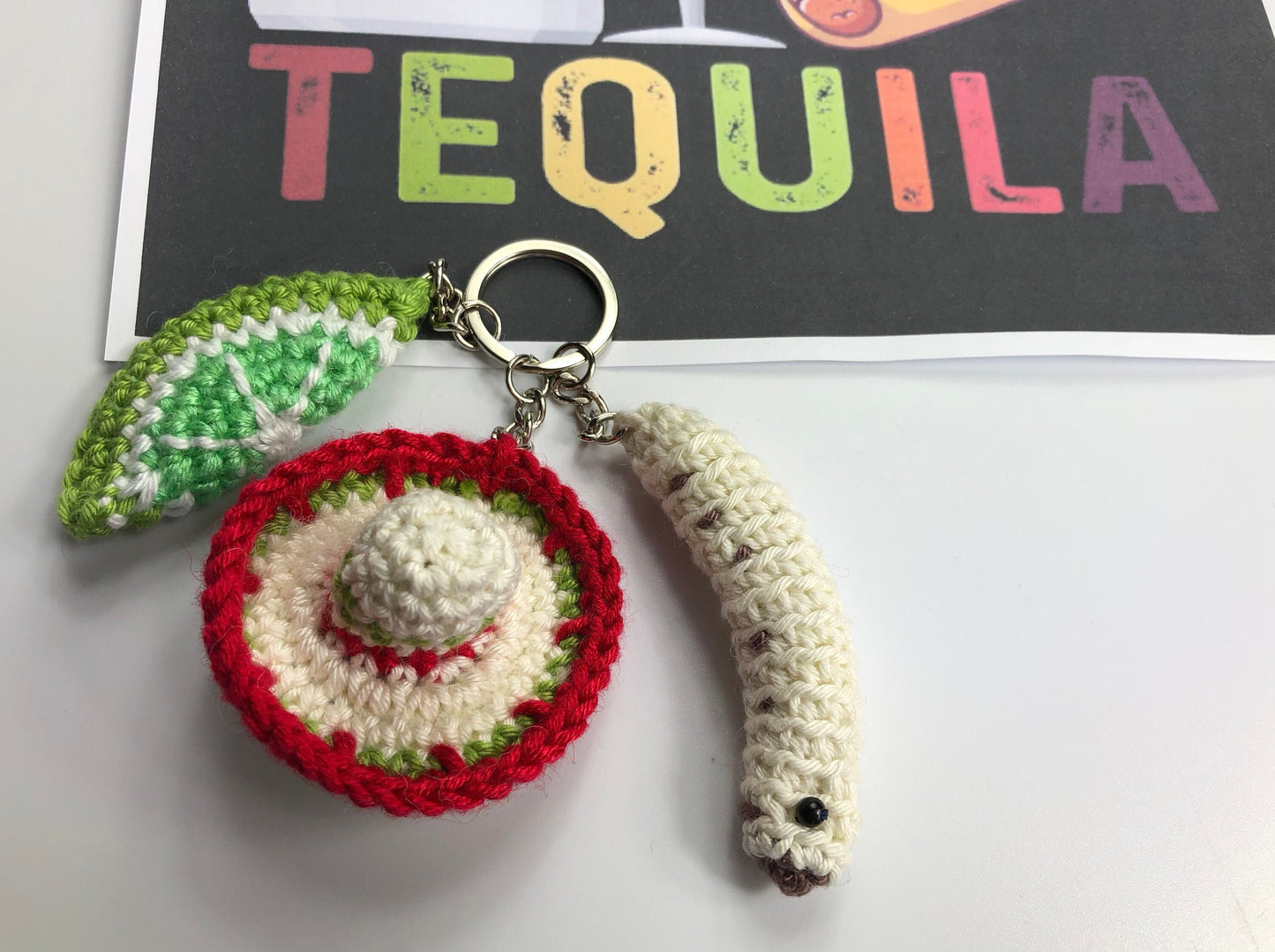 Tequila inspired keyring! Sombrero, Lime and a Happy Tequila Worm! Full kit with luxury British yarns.