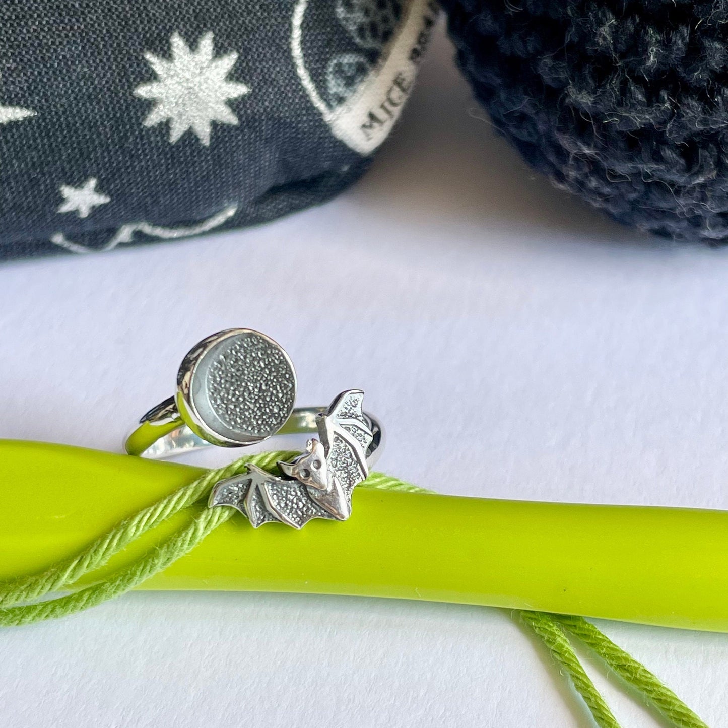 Bat & Moon crochet ring.