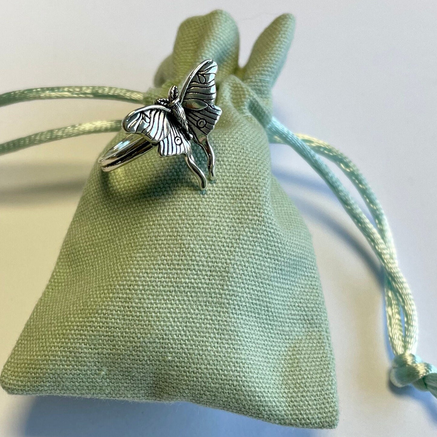 Luna Moth Crochet Ring. This gorgeous furry moth features in this one size crochet ring, for tension and comfort.