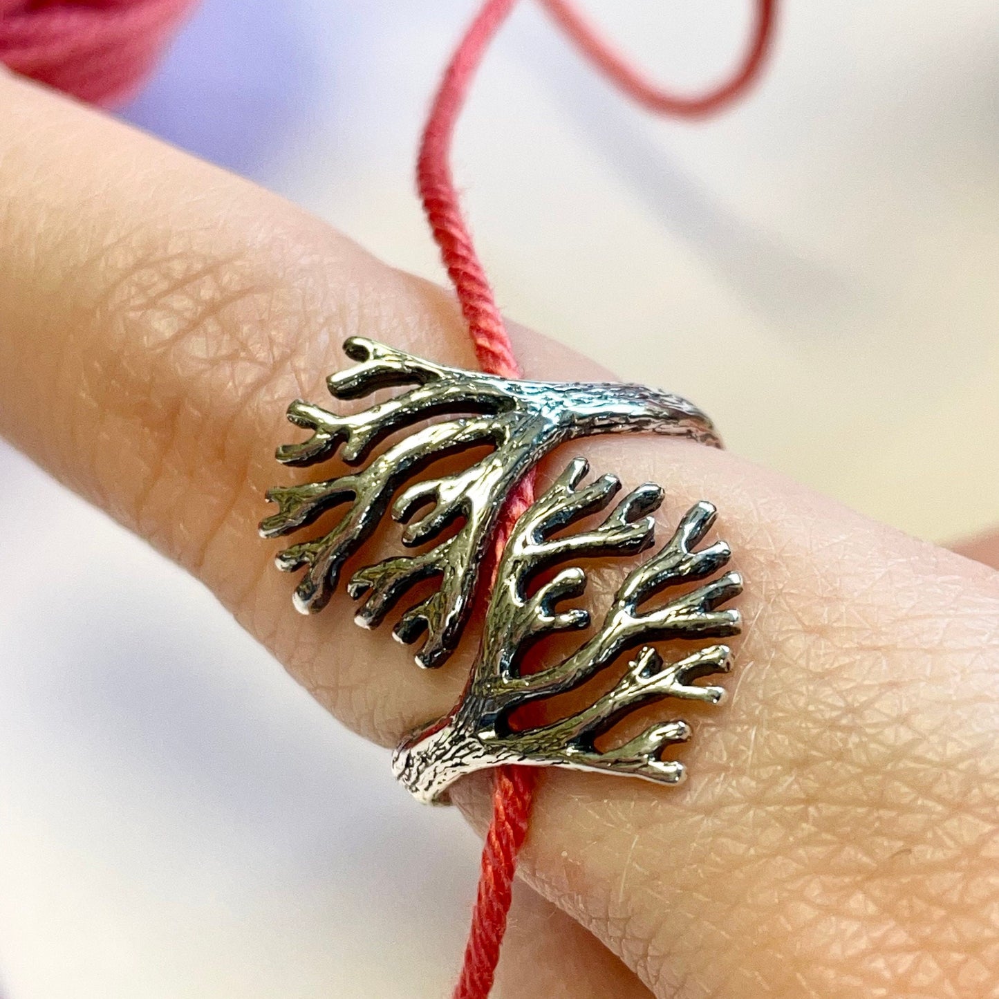 Coral Sterling Silver Crochet Ring. Adjustable for crochet tension and comfort. Handmade in Recycled Silver.