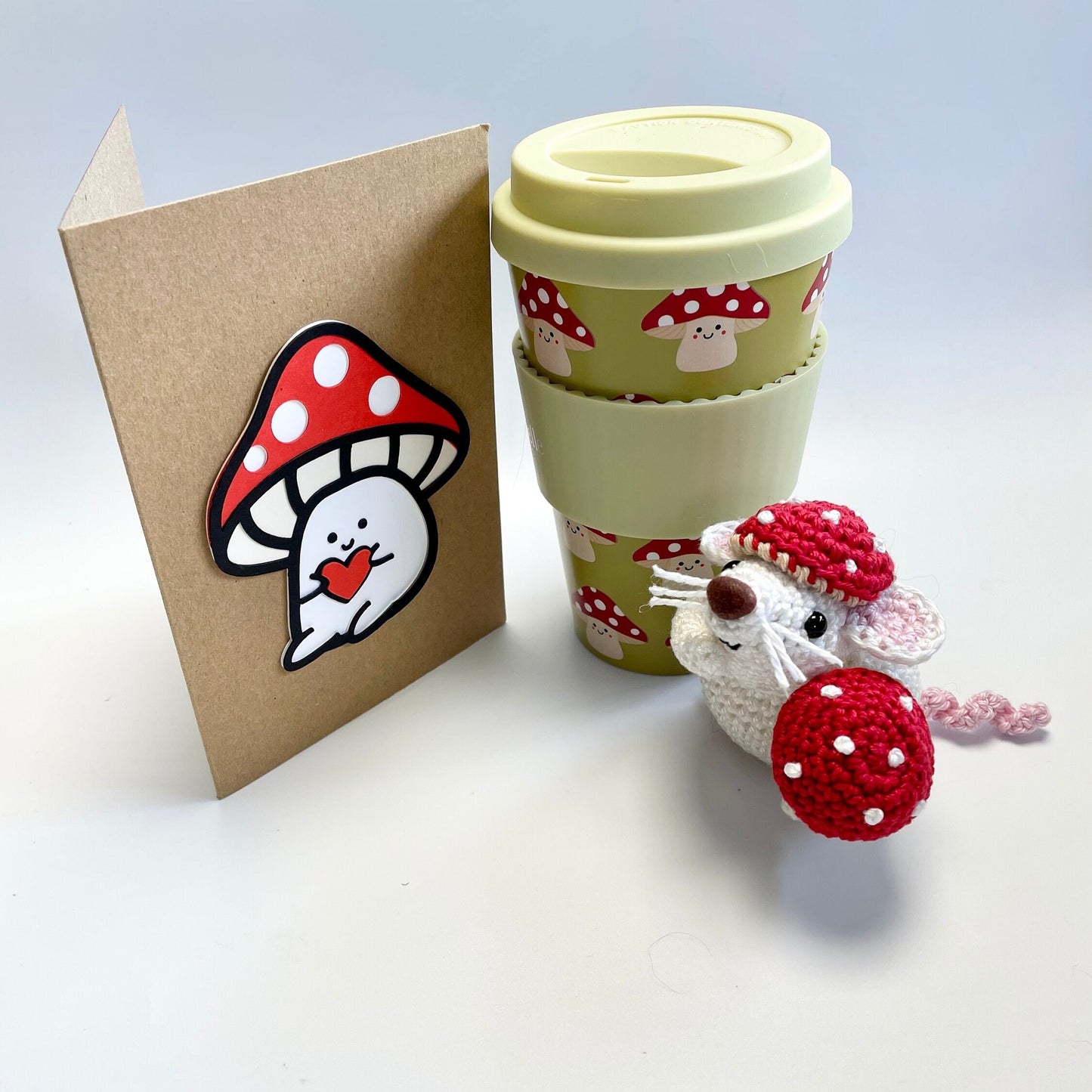 Mushroom Gift Set! Mouse and Mushrooms Amigurumi Kit, Sass & Belle Mushroom Travel Mug plus a Handmade Mushroom Card.