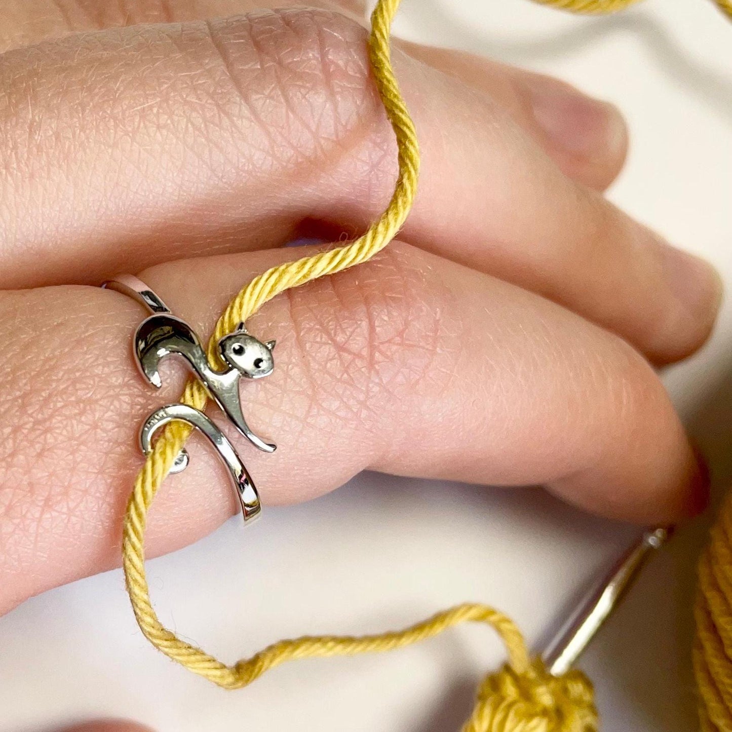 Bewitched Cat Sterling Silver Crochet Ring. Lovely delicate cat ring in cuff style. Adjustable size for crochet tension and comfort.
