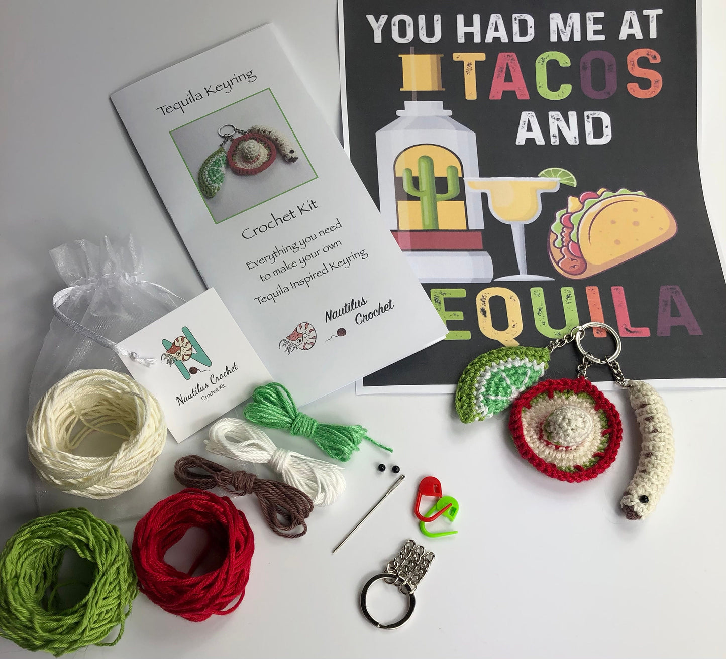 Tequila inspired keyring! Sombrero, Lime and a Happy Tequila Worm! Full kit with luxury British yarns.