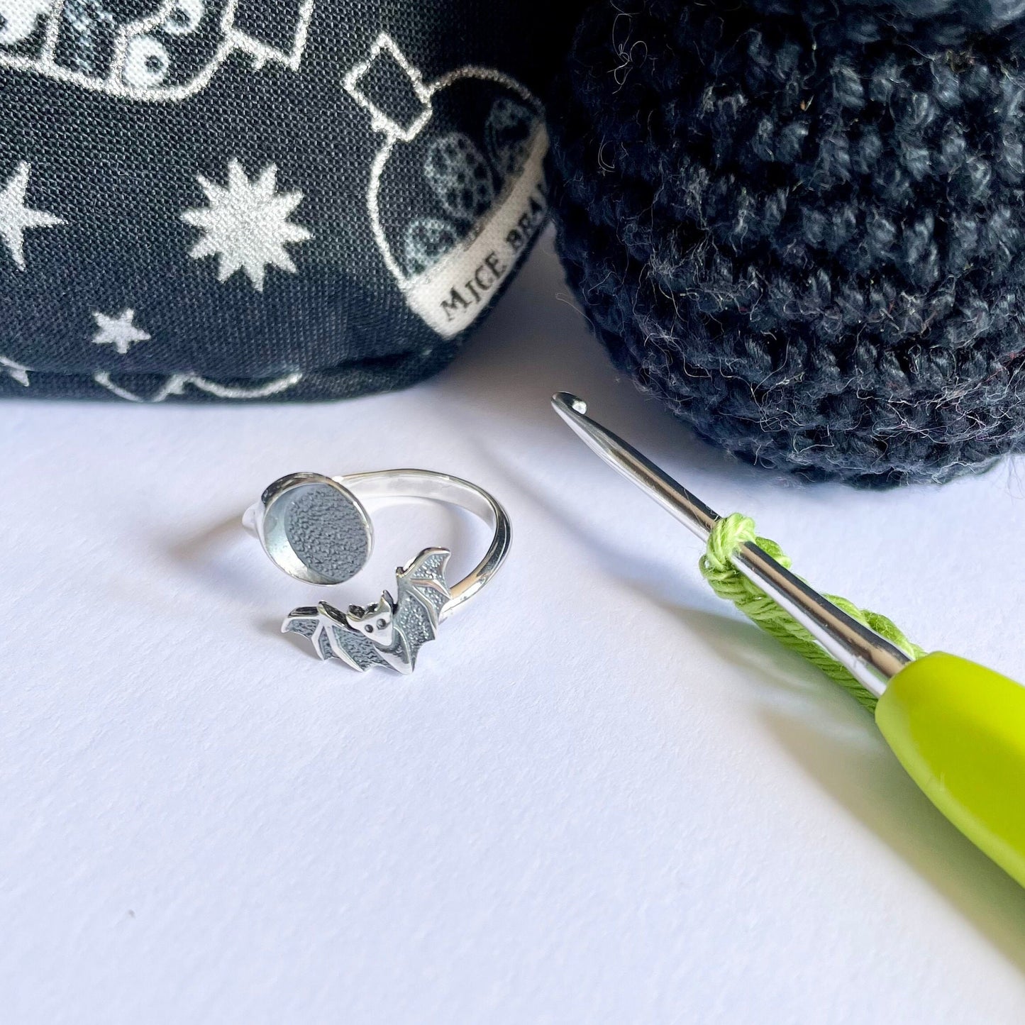 Bat & Moon crochet ring.