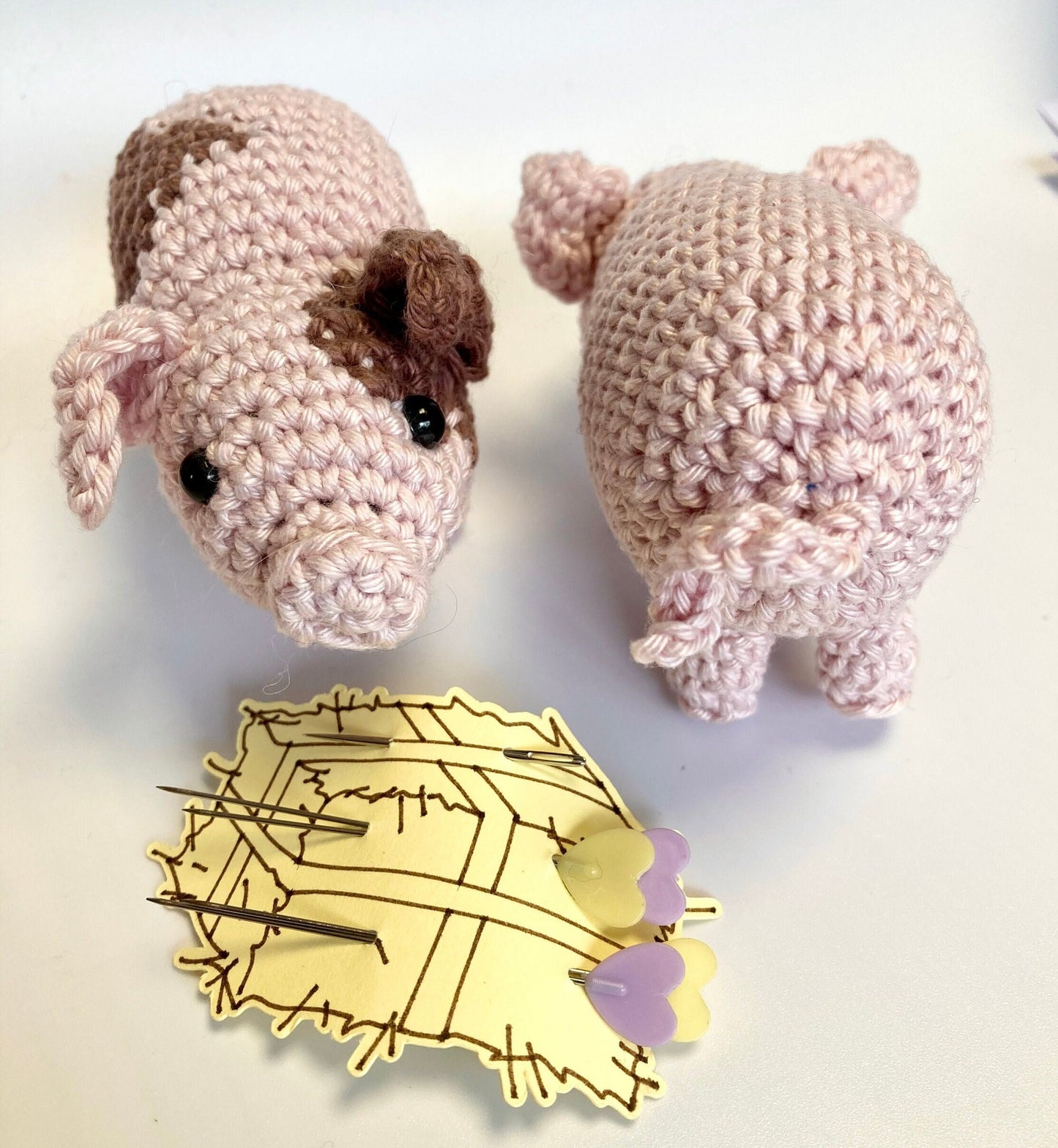 Piglets Crochet Kit. A complete kit for you to crochet a pair of the cutest piglets in luxury Natural British yarn. Mini pig stitch marker.