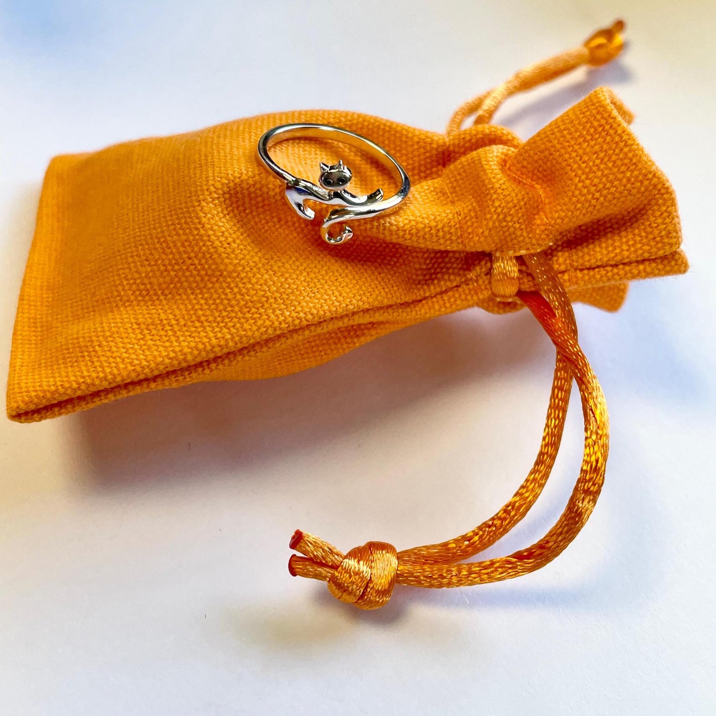 Bewitched Cat Sterling Silver Crochet Ring. Lovely delicate cat ring in cuff style. Adjustable size for crochet tension and comfort.