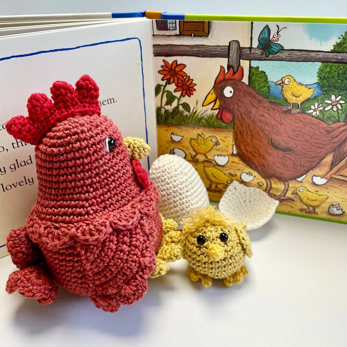 Mother Hen, Egg & Chick Crochet Kit. Including luxury British yarns, gorgeous accessories, plus a delightful story book and card.