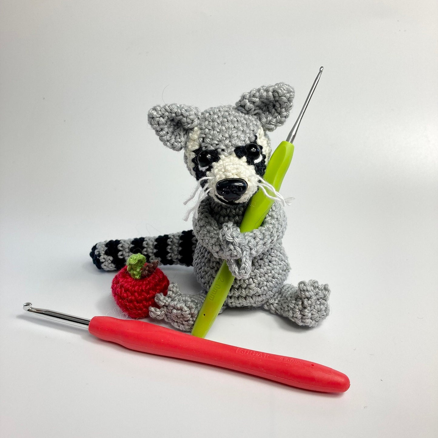 Ringo Raccoon Crochet Kit. Everything you need to crochet this cute baby raccoon. Full step by step instructions, luxury yarns, accessories.
