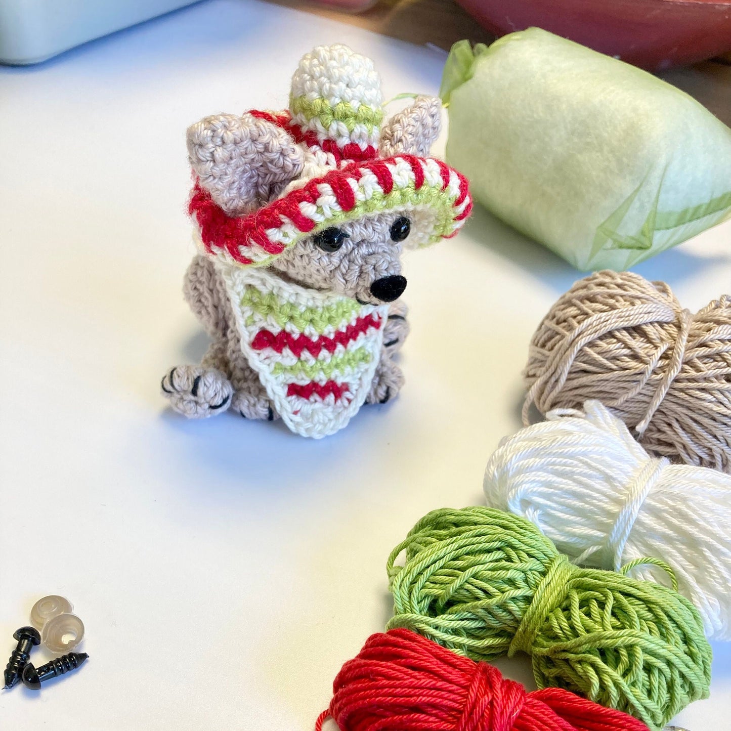 Miguel the Chihuahua Amigurumi Kit. Complete Kit with Luxury Cotton Yarns, Silver- plated Cactus Stitch-marker & accessories.