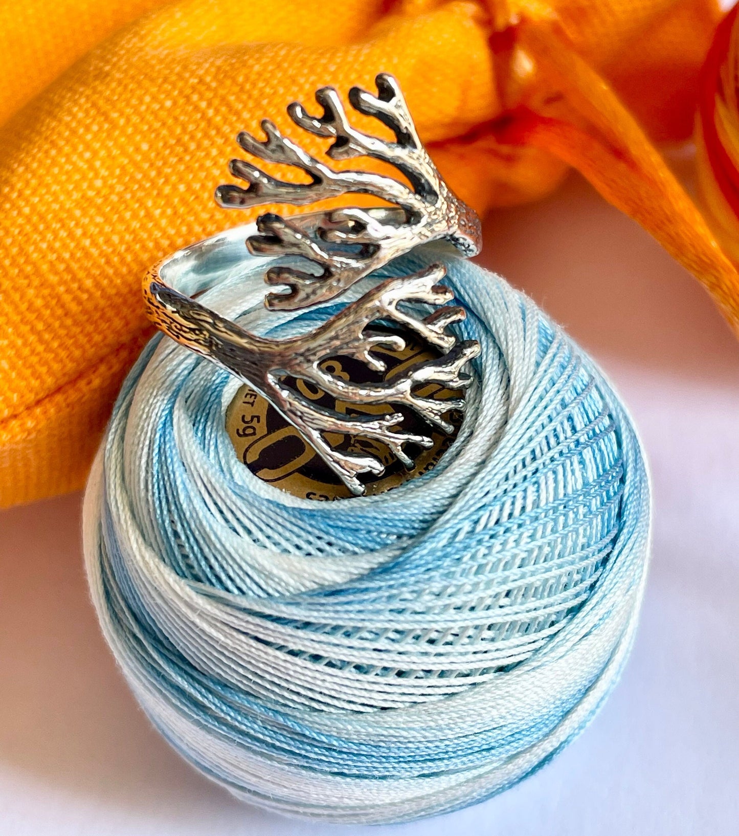 Coral Sterling Silver Crochet Ring. Adjustable for crochet tension and comfort. Handmade in Recycled Silver.