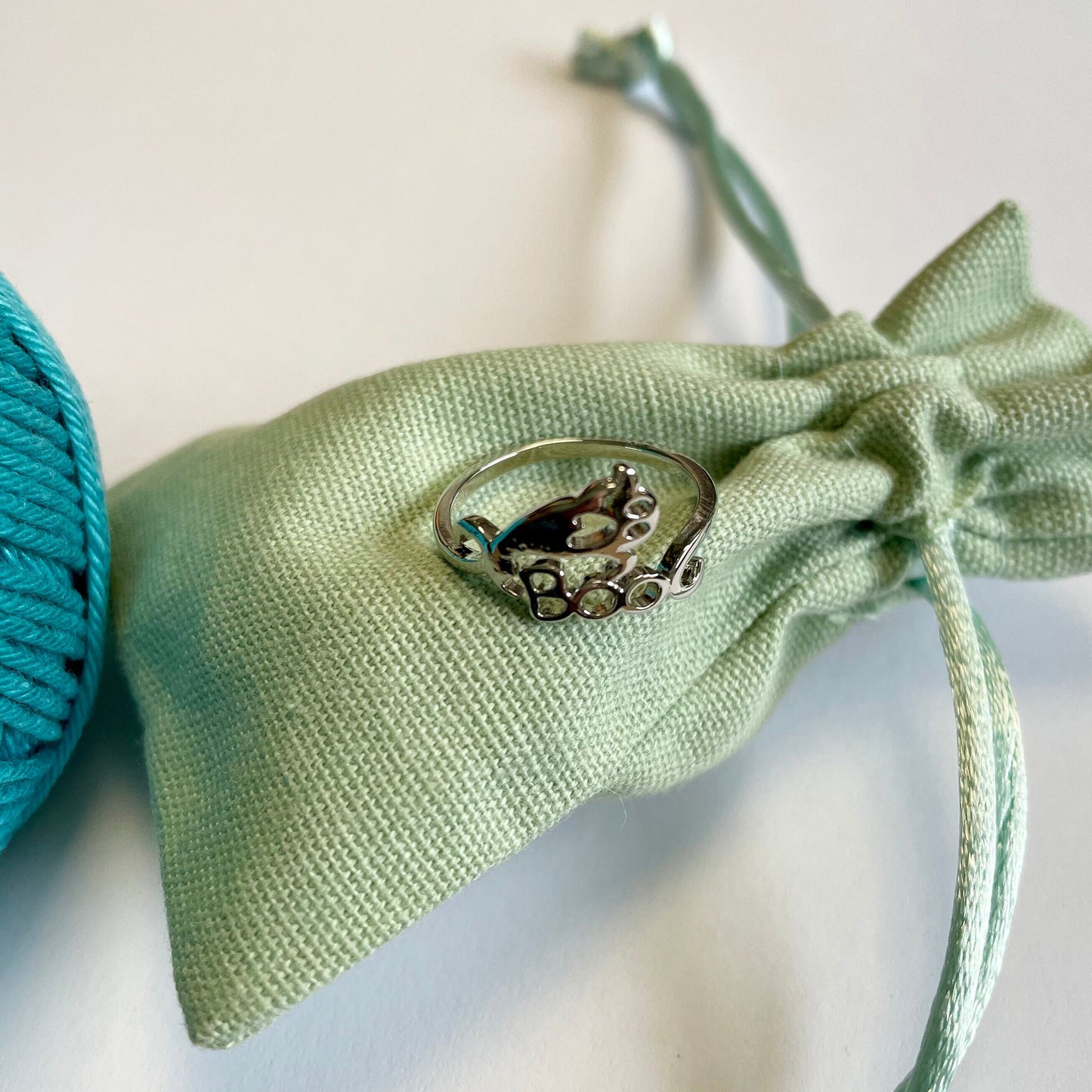 Tiny Ghost Silver Plated Crochet Ring. Adjustable size for crochet tension and comfort. Boo!