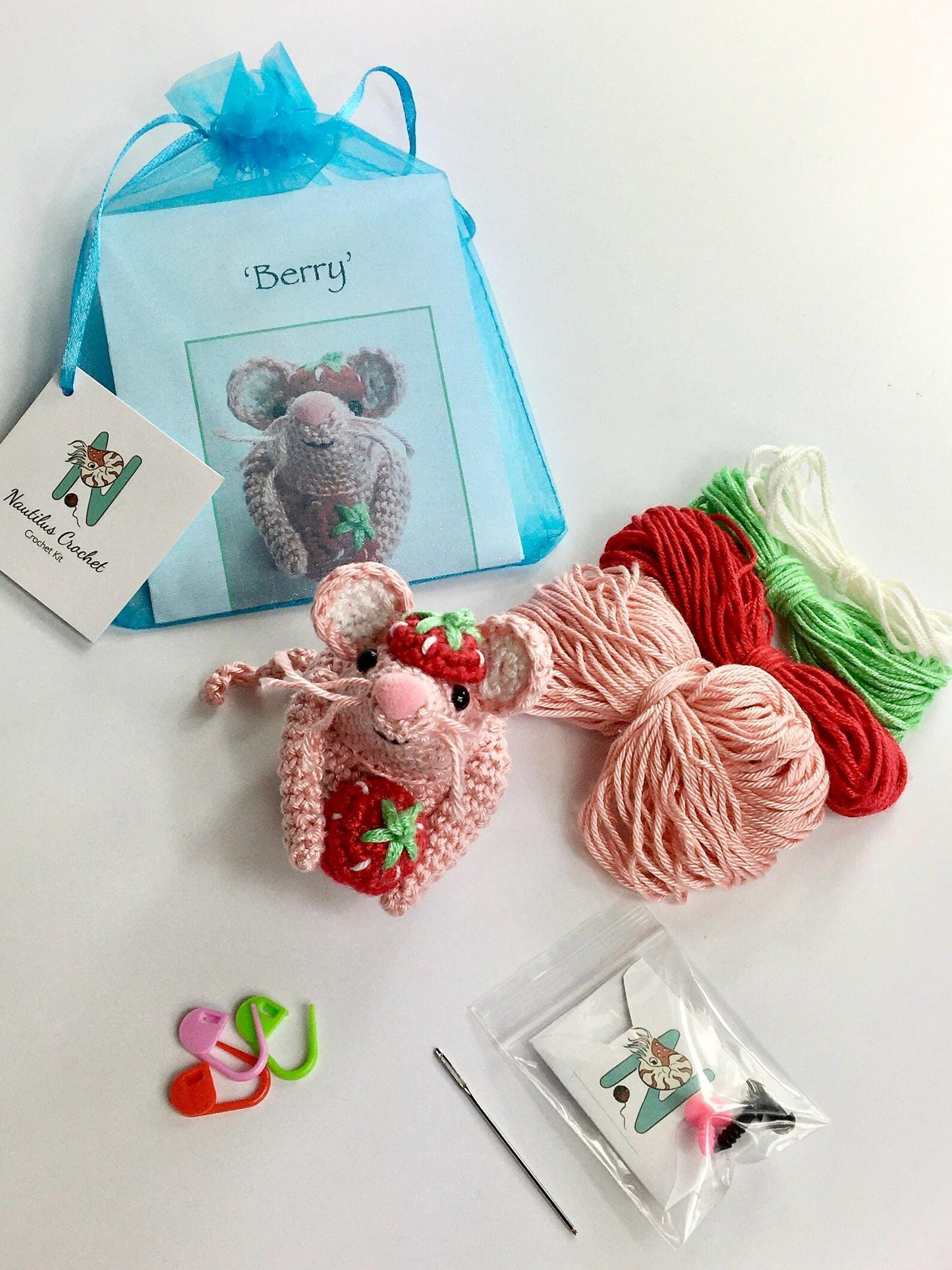 Berry, the Strawberry Mouse! Complete Amigurumi Mouse Crochet Kit with luxury natural yarn.
