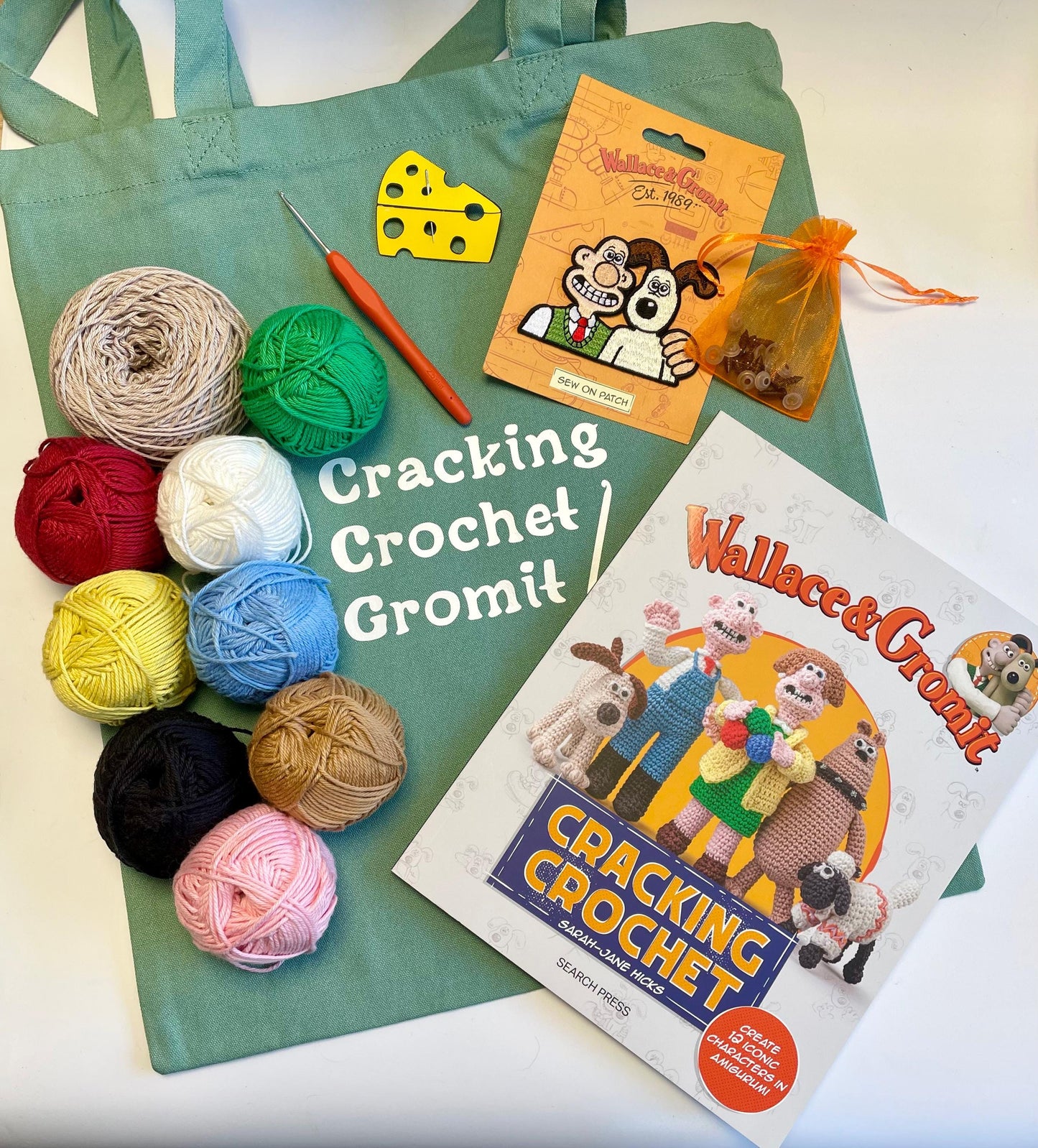 Wallace & Gromit Cracking Crochet Kit. Book, Luxury Cotton Yarns, Hook and accessories in an Organic Cotton 'Cracking Crochet Gromit' Bag.
