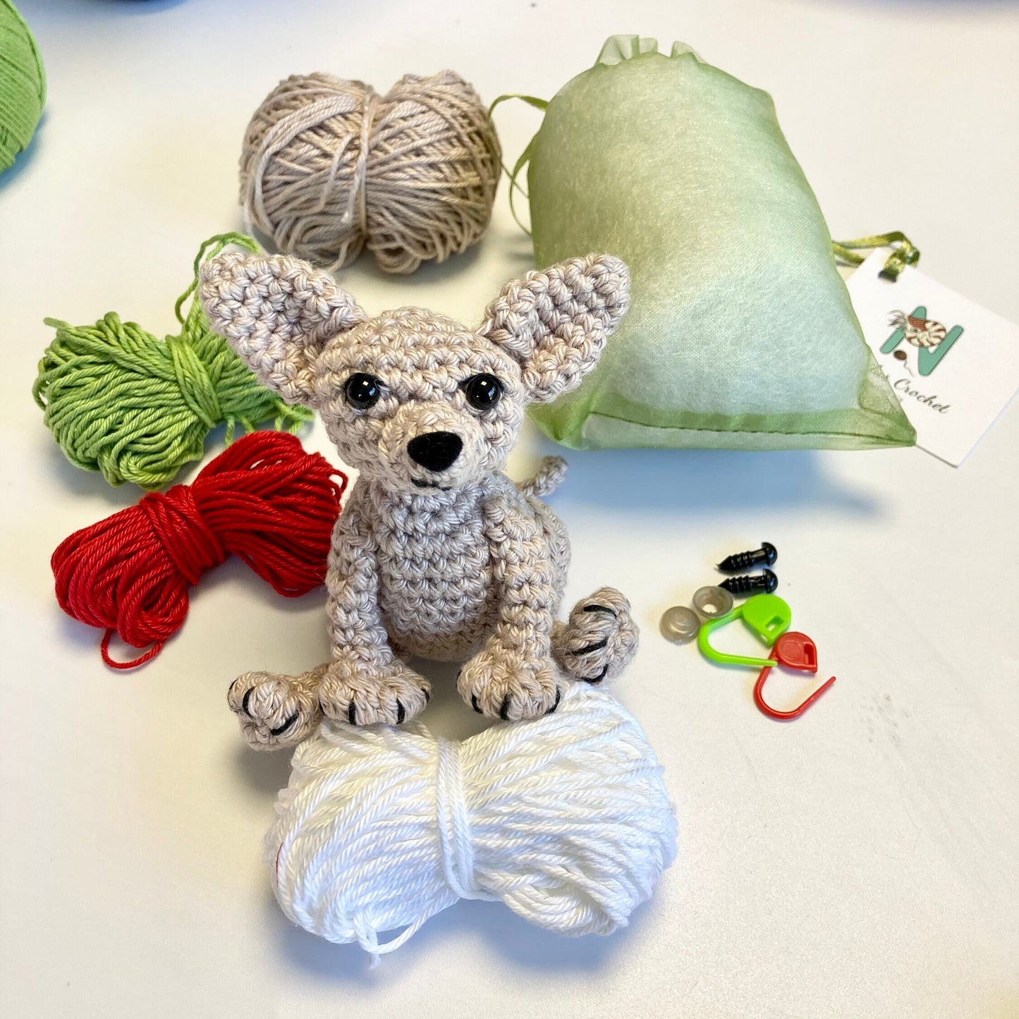 Miguel the Chihuahua Amigurumi Kit. Complete Kit with Luxury Cotton Yarns, Silver- plated Cactus Stitch-marker & accessories.
