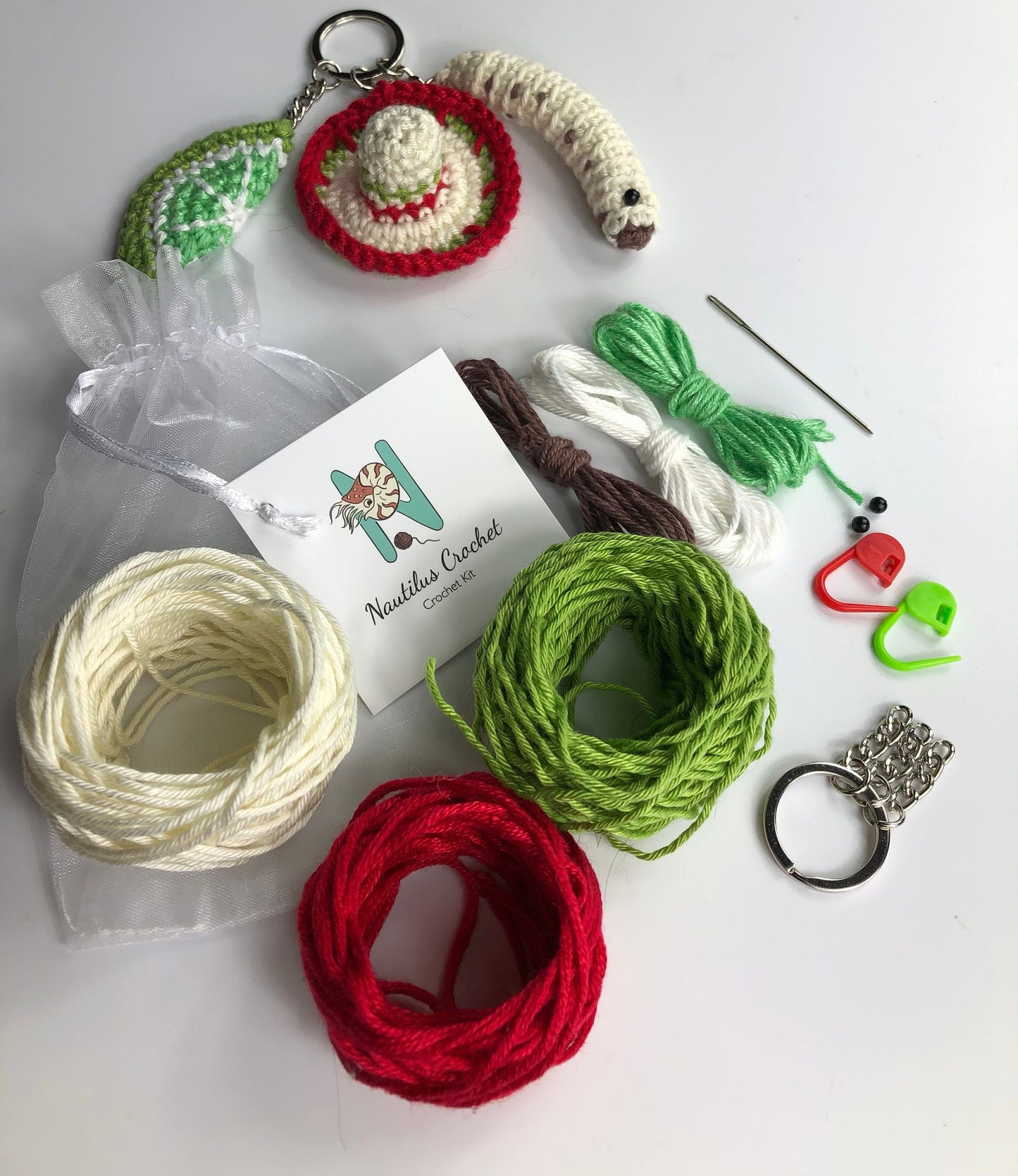 Tequila inspired keyring! Sombrero, Lime and a Happy Tequila Worm! Full kit with luxury British yarns.