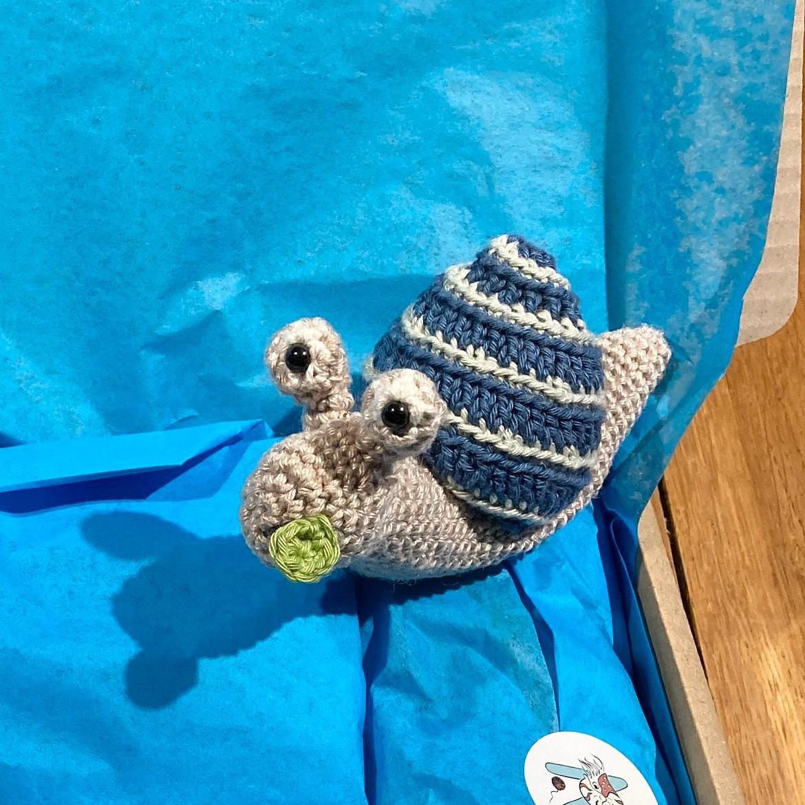 Snail’s Salad! Snail & Salad Complete Crochet Kit. Luxury British yarns, step by step instructions, cute snail stitch marker.
