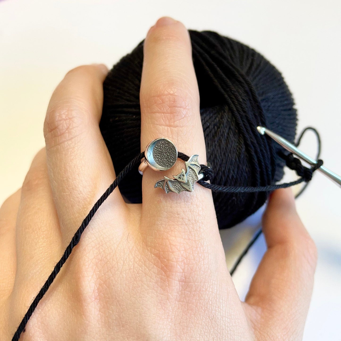 Bat & Moon crochet ring.