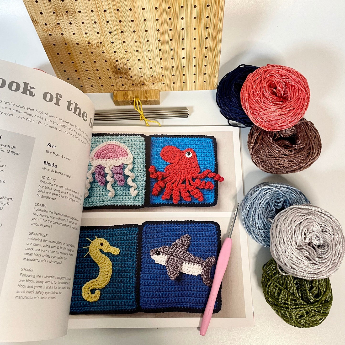 Crochet Granny Squares Animal Kit. Patterns for 40 Animal Squares, Blocking Board, 12 Balls of our Wonderful UK made Yarn & Crochet Hook