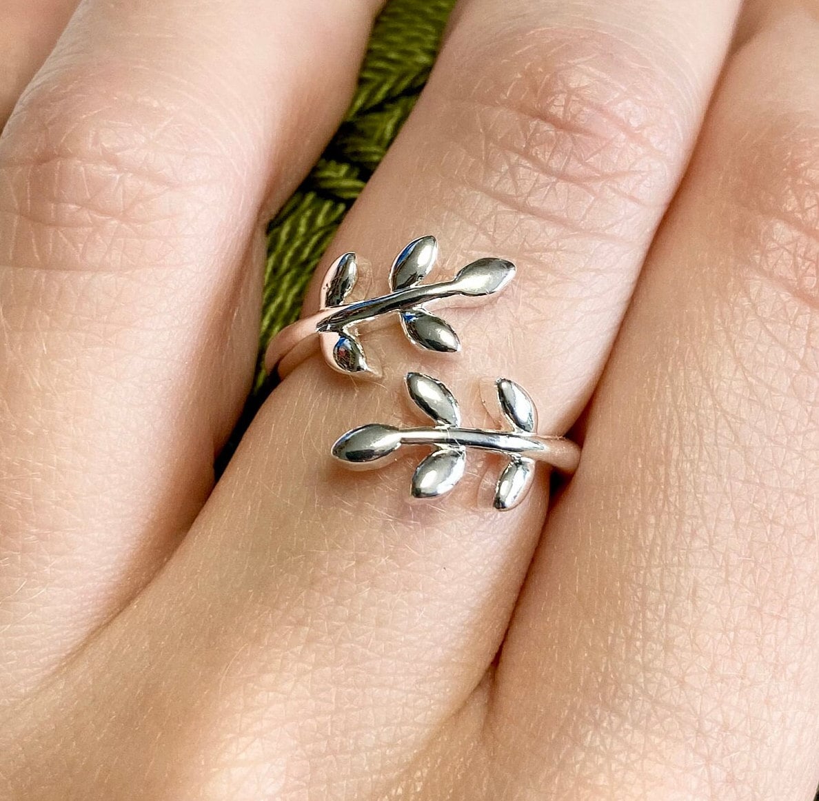 Olive Leaves Crochet Ring. Olive leaves feature in this silver plated, adjustable ring for crochet tension and comfort.