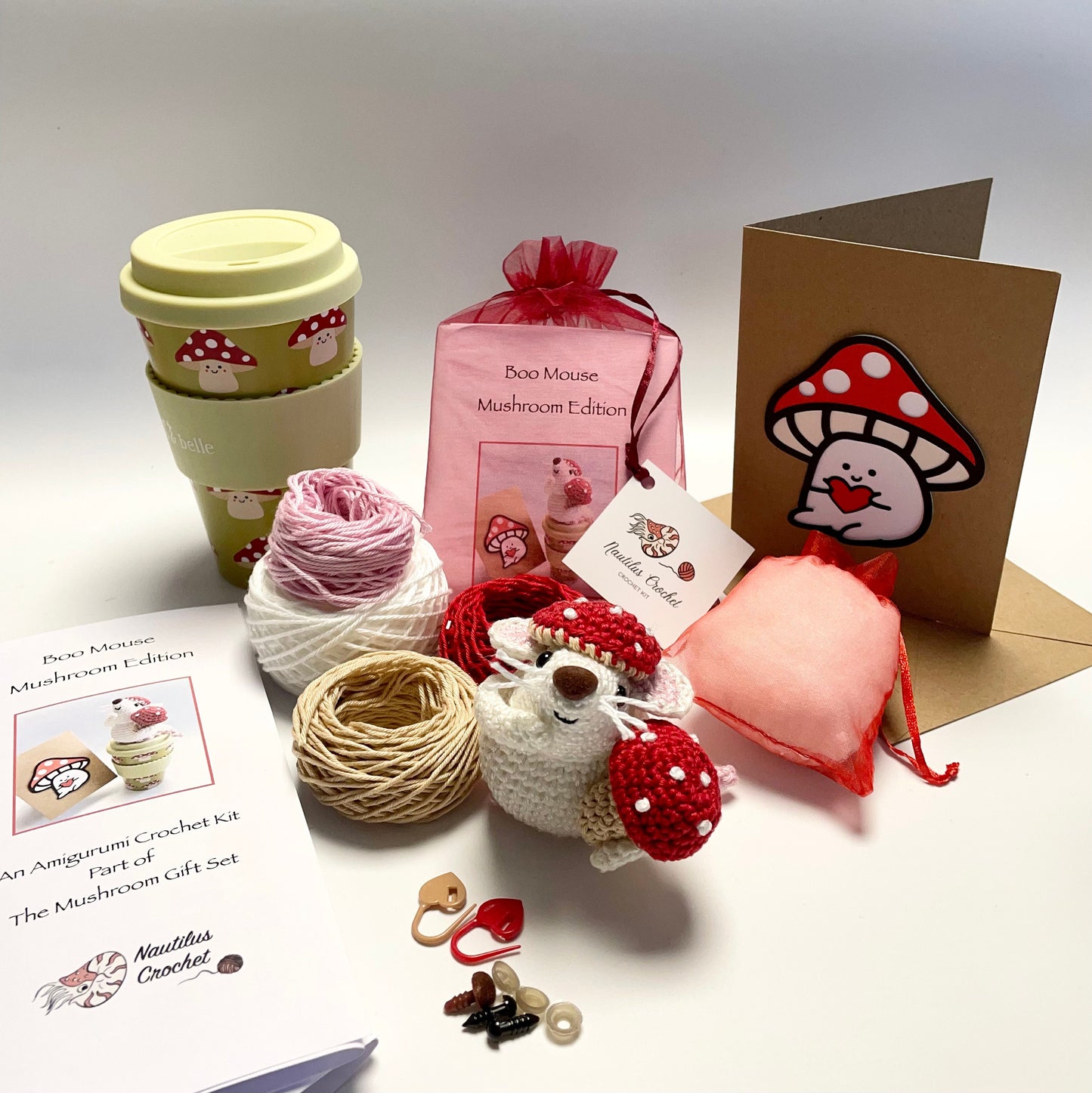 Mushroom Gift Set! Mouse and Mushrooms Amigurumi Kit, Sass & Belle Mushroom Travel Mug plus a Handmade Mushroom Card.