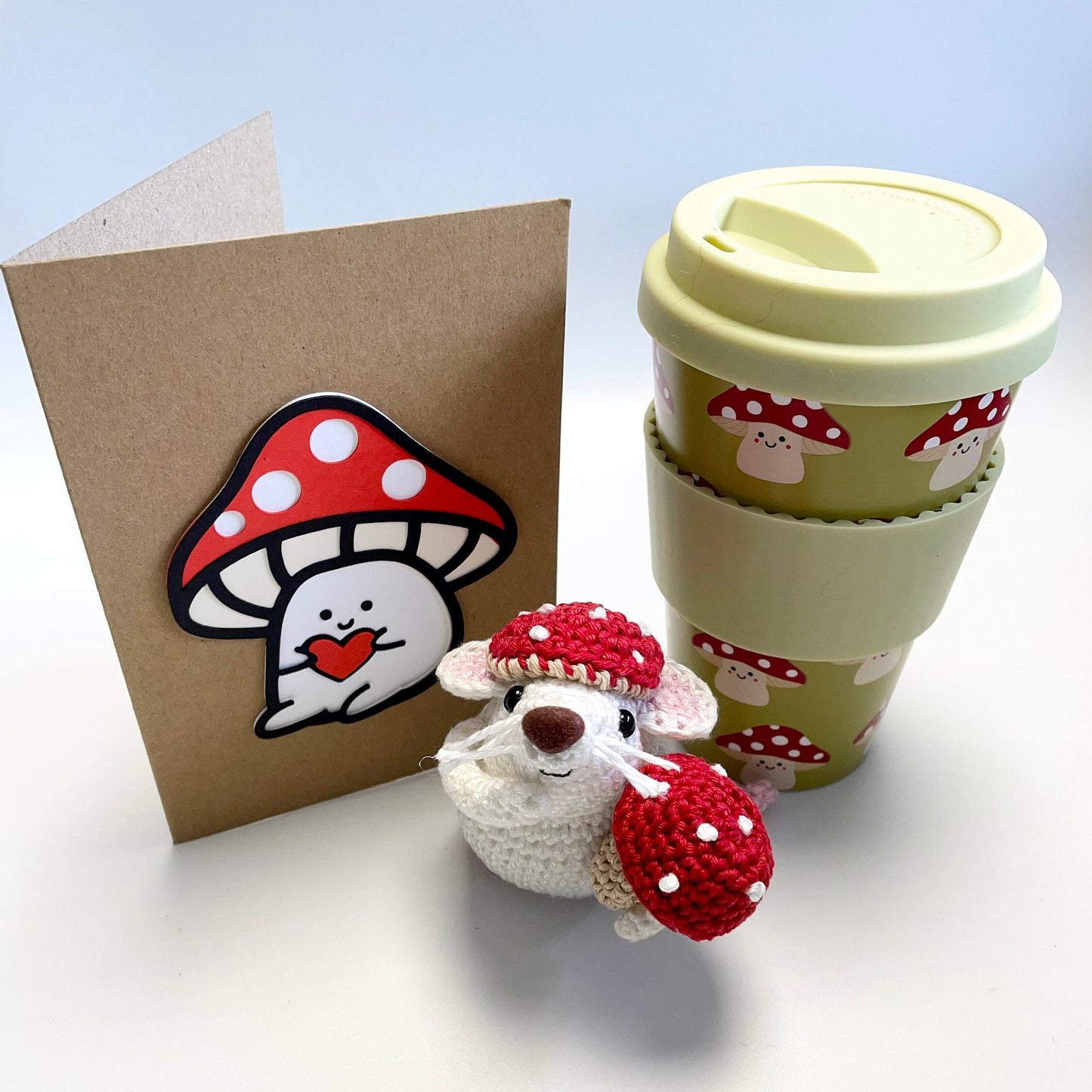 Mushroom Gift Set! Mouse and Mushrooms Amigurumi Kit, Sass & Belle Mushroom Travel Mug plus a Handmade Mushroom Card.