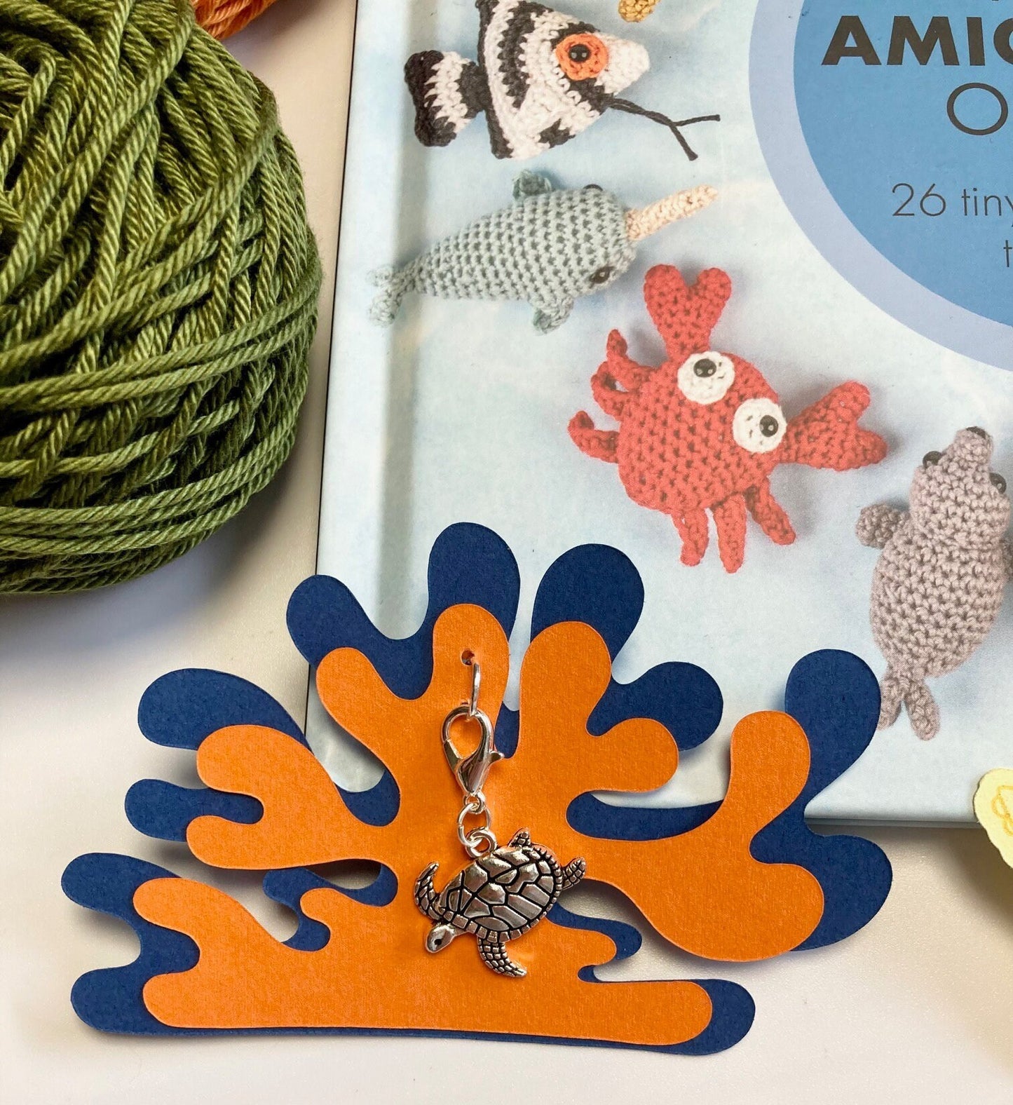 Crocheted Ocean Kit. Book, luxury yarn, crochet hook, turtle stitch marker & accessories. Make the cutest sea creature buddies!