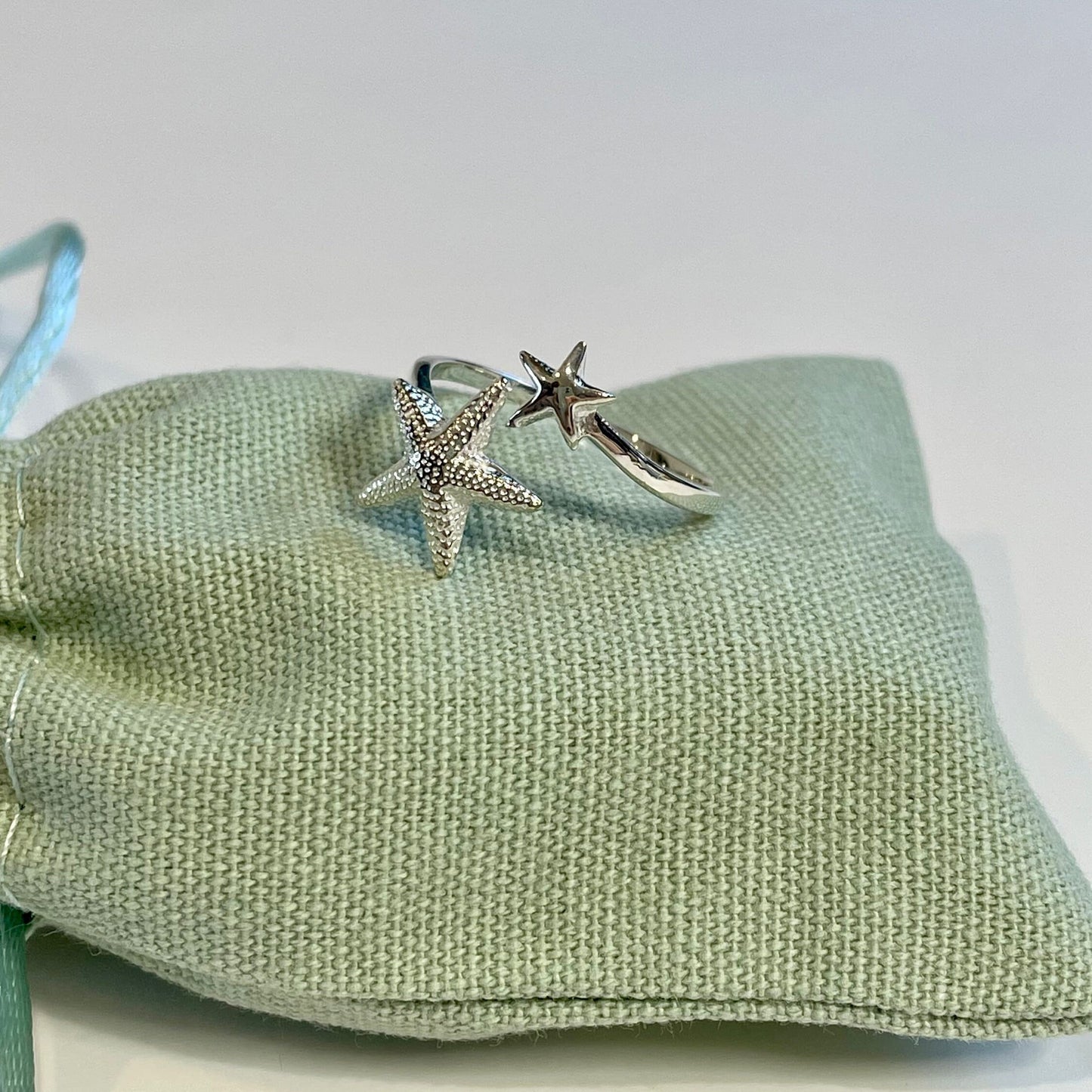 Handmade 'Starfish' Sterling Silver Crochet Ring. Adjustable for crochet tension and comfort. Handmade in Silver for Nautilus Crochet.