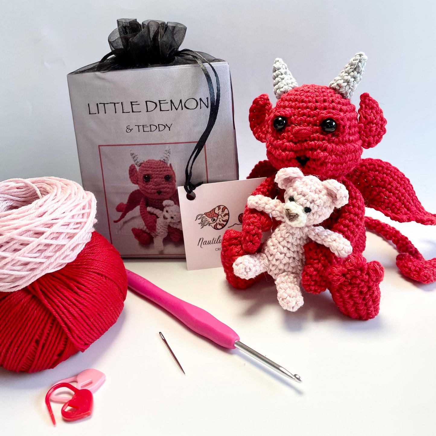 Demon & Teddy Crochet Kit. A Complete Kit - luxury yarns, step by step Instructions, quality hook and accessories.