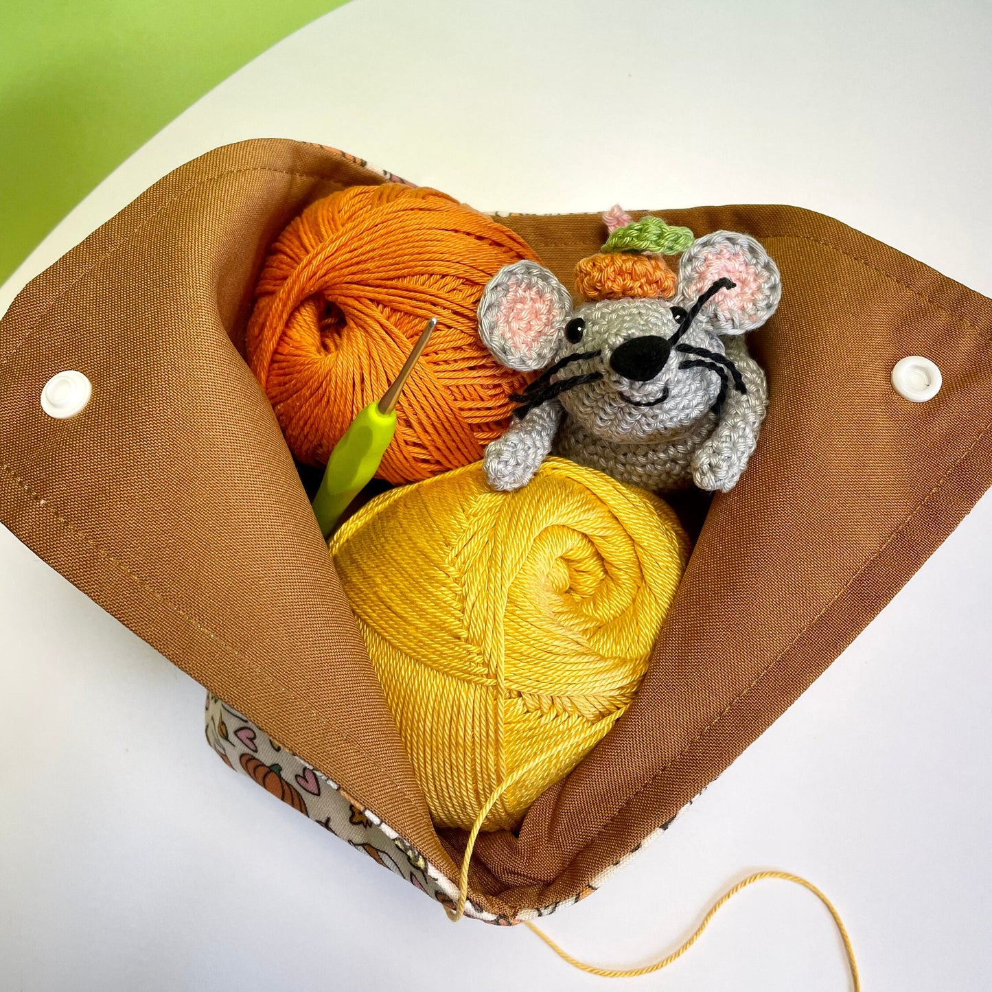 Pumpkin Spice Yarn Bag Gift Set. Including Tucker Mouse Crochet Kit, Pumpkin Crochet Kit, Crochet Hook & Silver Pumpkin Stitch Marker