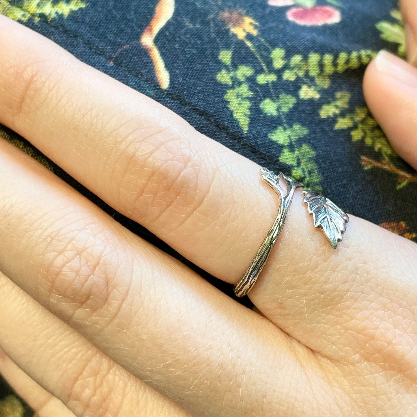 Leaf Crochet Ring. Handmade in Recycled Silver. Beautifully detailed leaves in a wrap cuff ring. Adjustable for crochet tension.