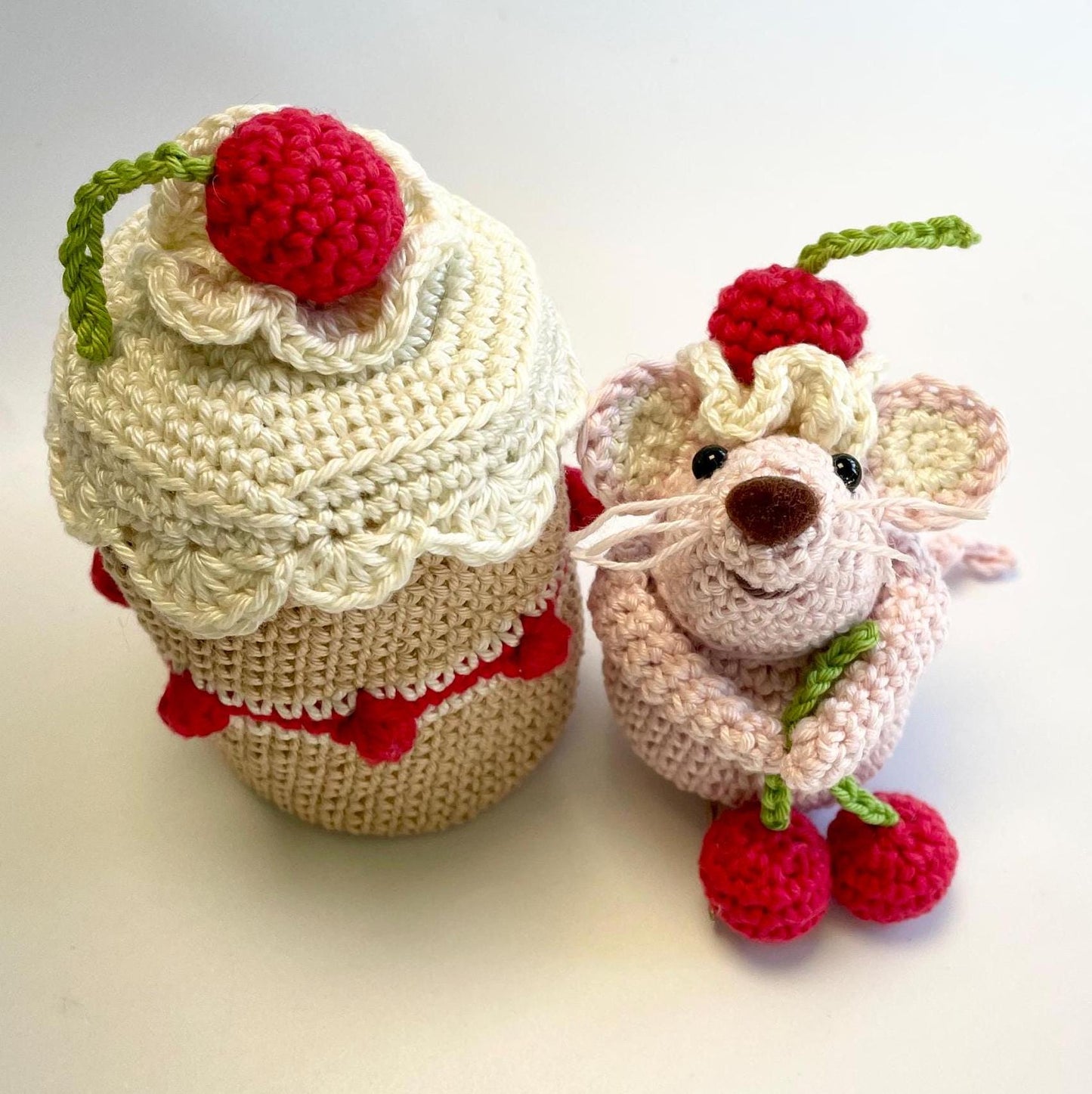 Dotty, the Cherry Mouse! Complete Amigurumi Crochet Kit for beginners up. Featuring luxury British yarns.