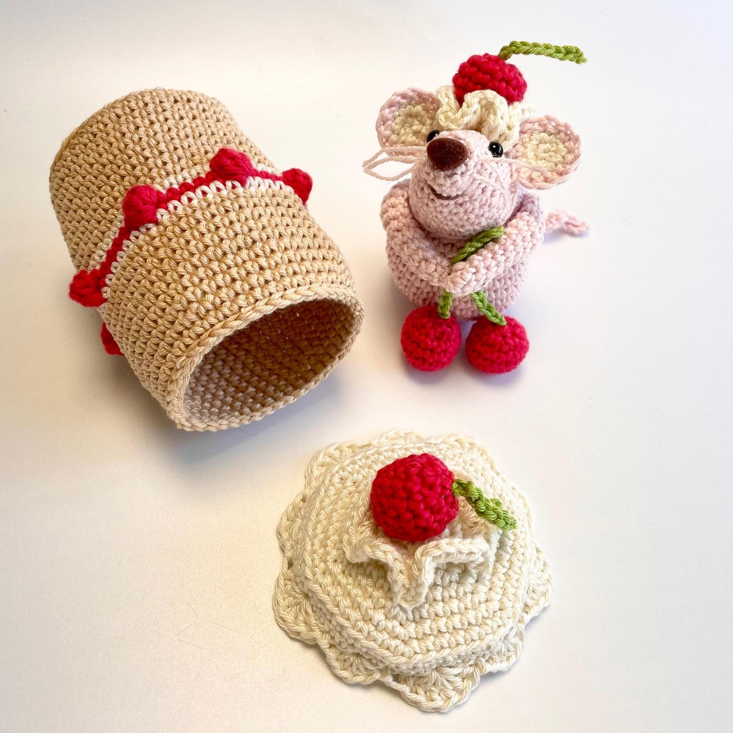 Dotty, the Cherry Mouse! Complete Amigurumi Crochet Kit for beginners up. Featuring luxury British yarns.