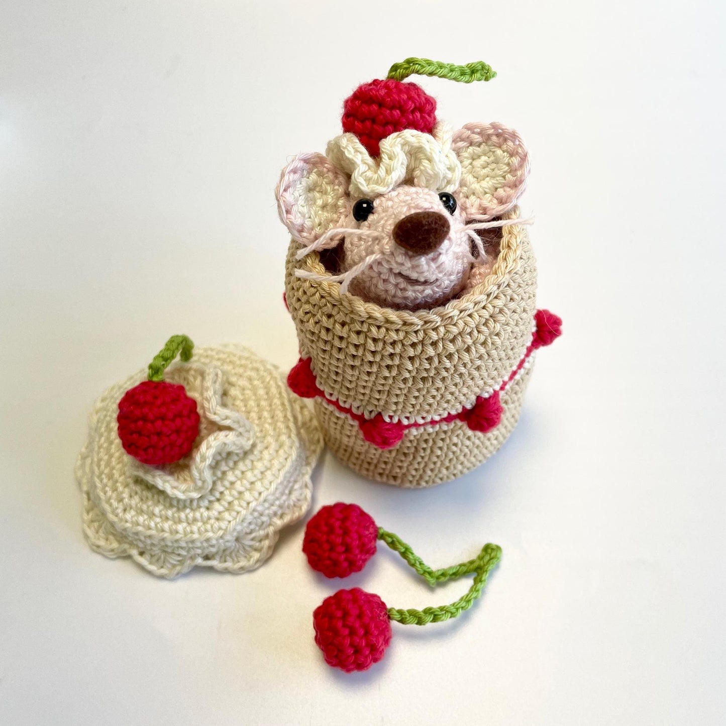 Dotty, the Cherry Mouse! Complete Amigurumi Crochet Kit for beginners up. Featuring luxury British yarns.